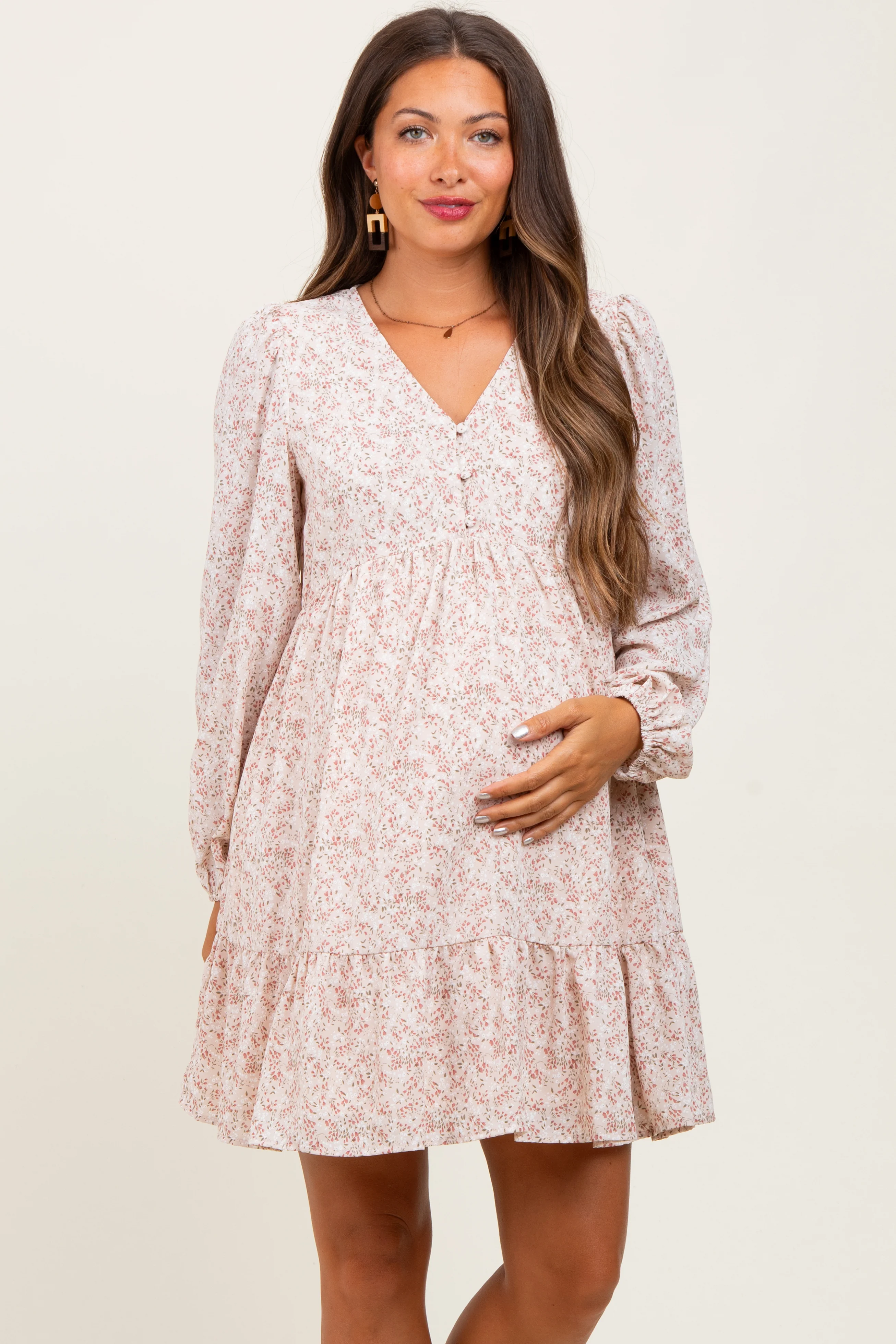Beige Floral Long Sleeve Maternity Dress - Image 3