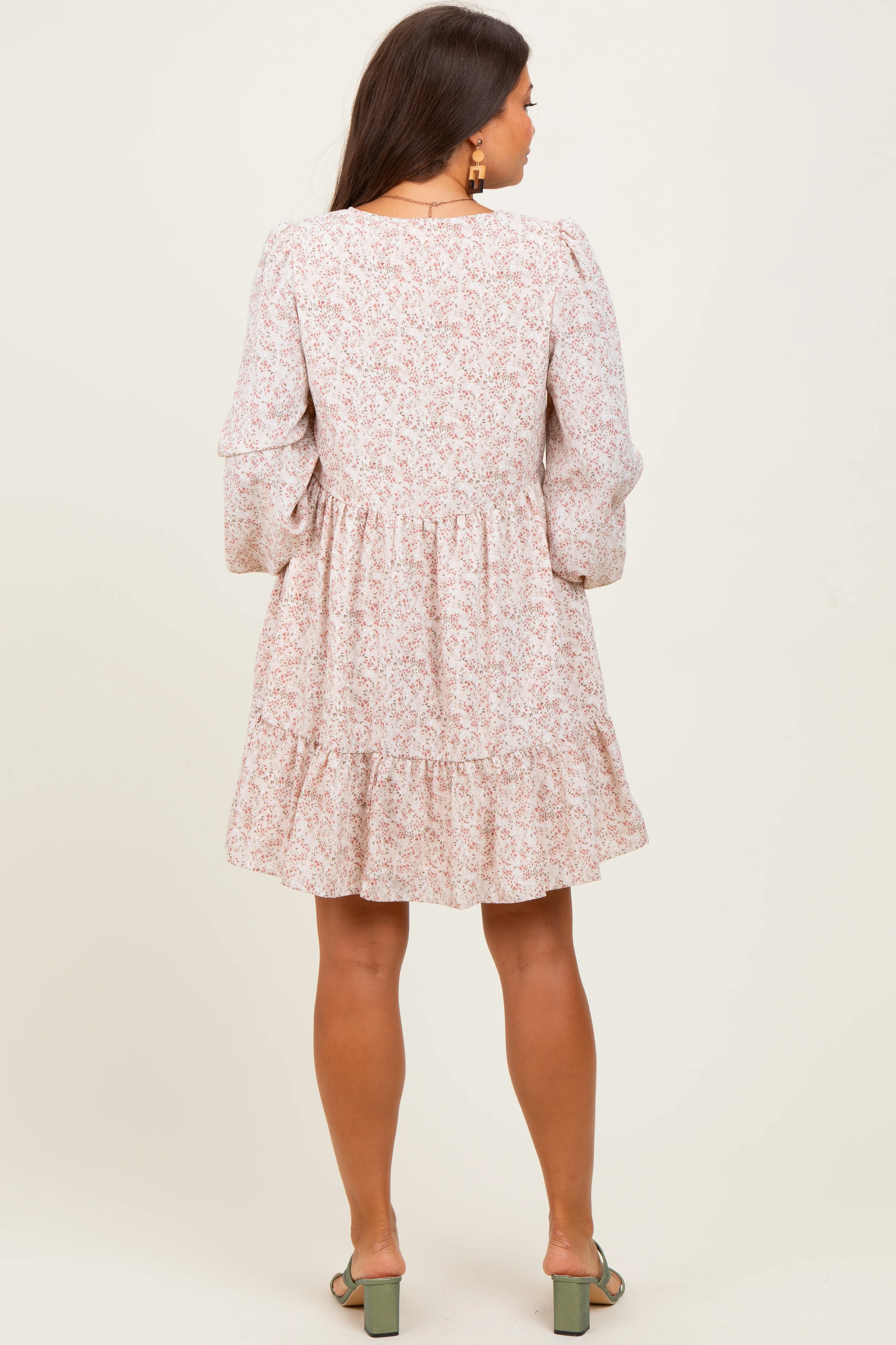 Beige Floral Long Sleeve Maternity Dress - Image 5