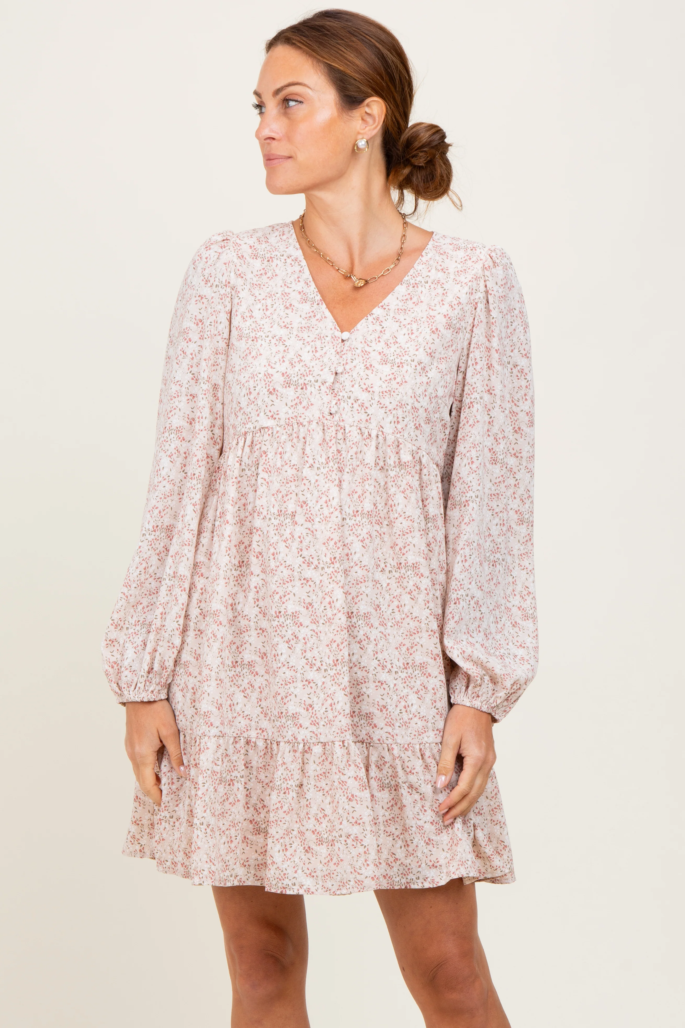 Beige Floral Long Sleeve Maternity Dress - Image 6