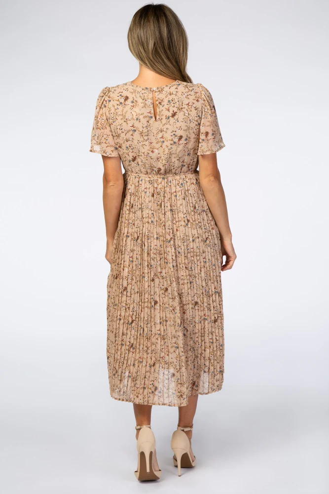 Beige Floral Pleated Chiffon Midi Dress - Image 3