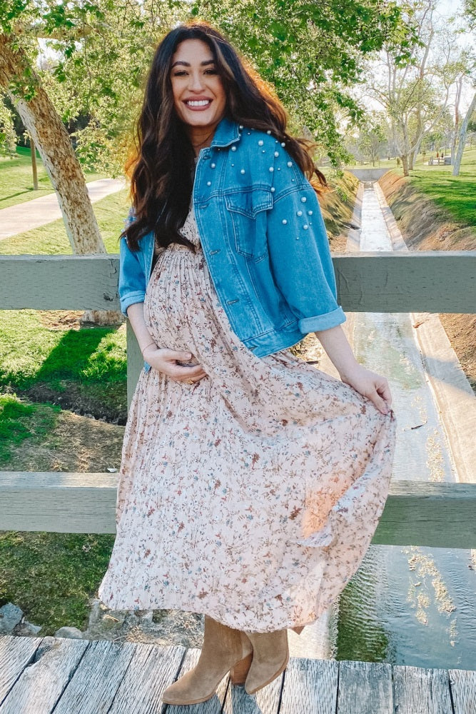 Beige Floral Pleated Short Sleeve Chiffon Maternity Midi Dress - Image 16
