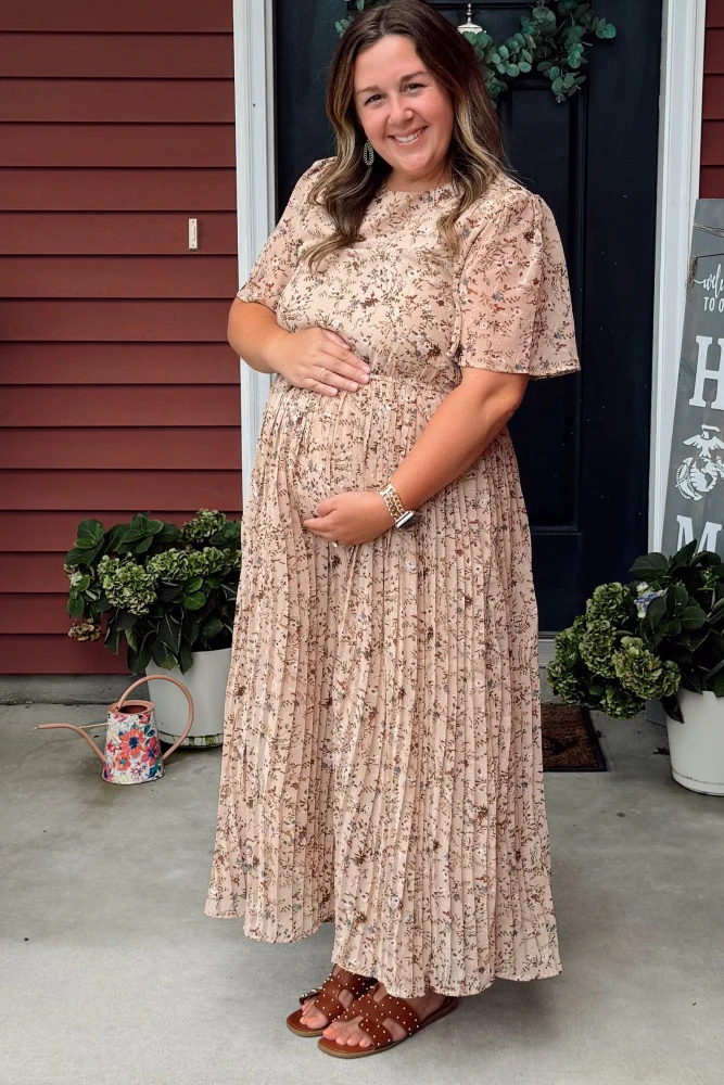 Beige Floral Pleated Short Sleeve Chiffon Maternity Midi Dress - Image 17