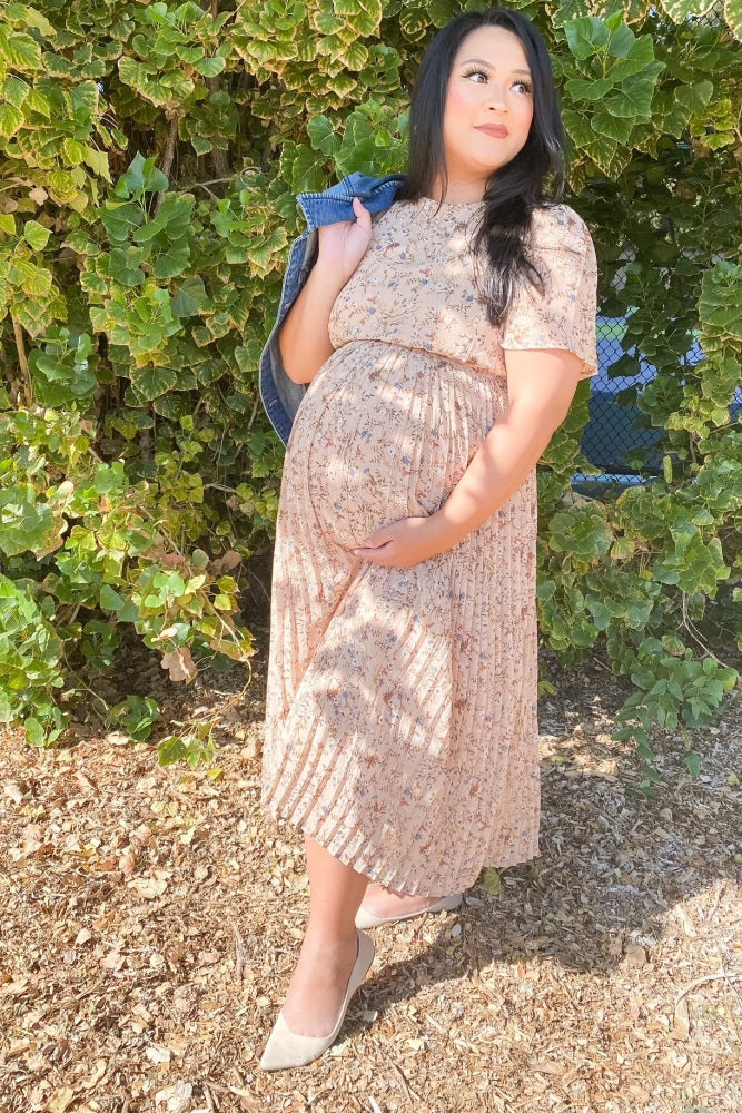 Beige Floral Pleated Short Sleeve Chiffon Maternity Midi Dress - Image 27