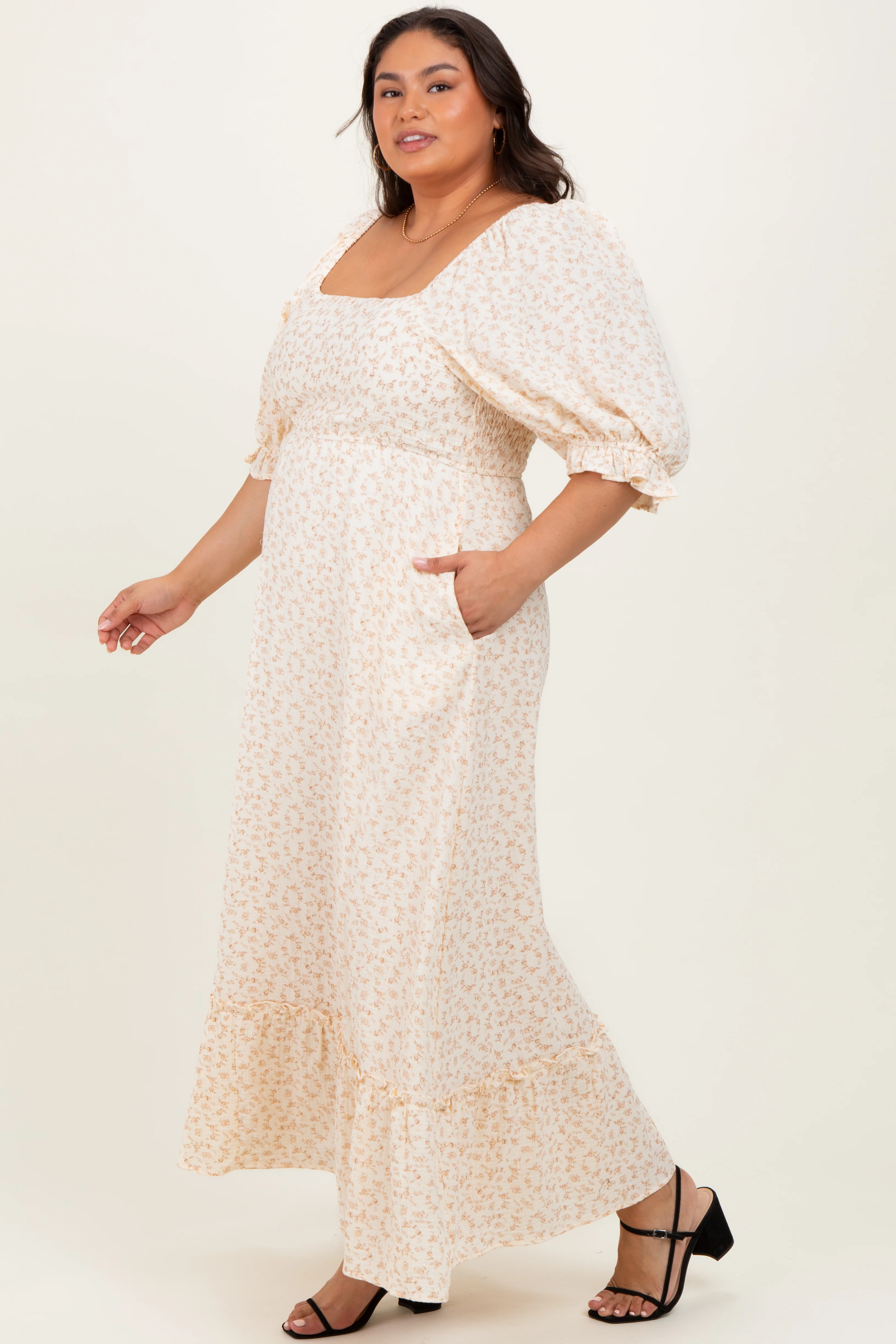 Beige Floral Print Square Neckline Plus Maxi Dress - Image 3