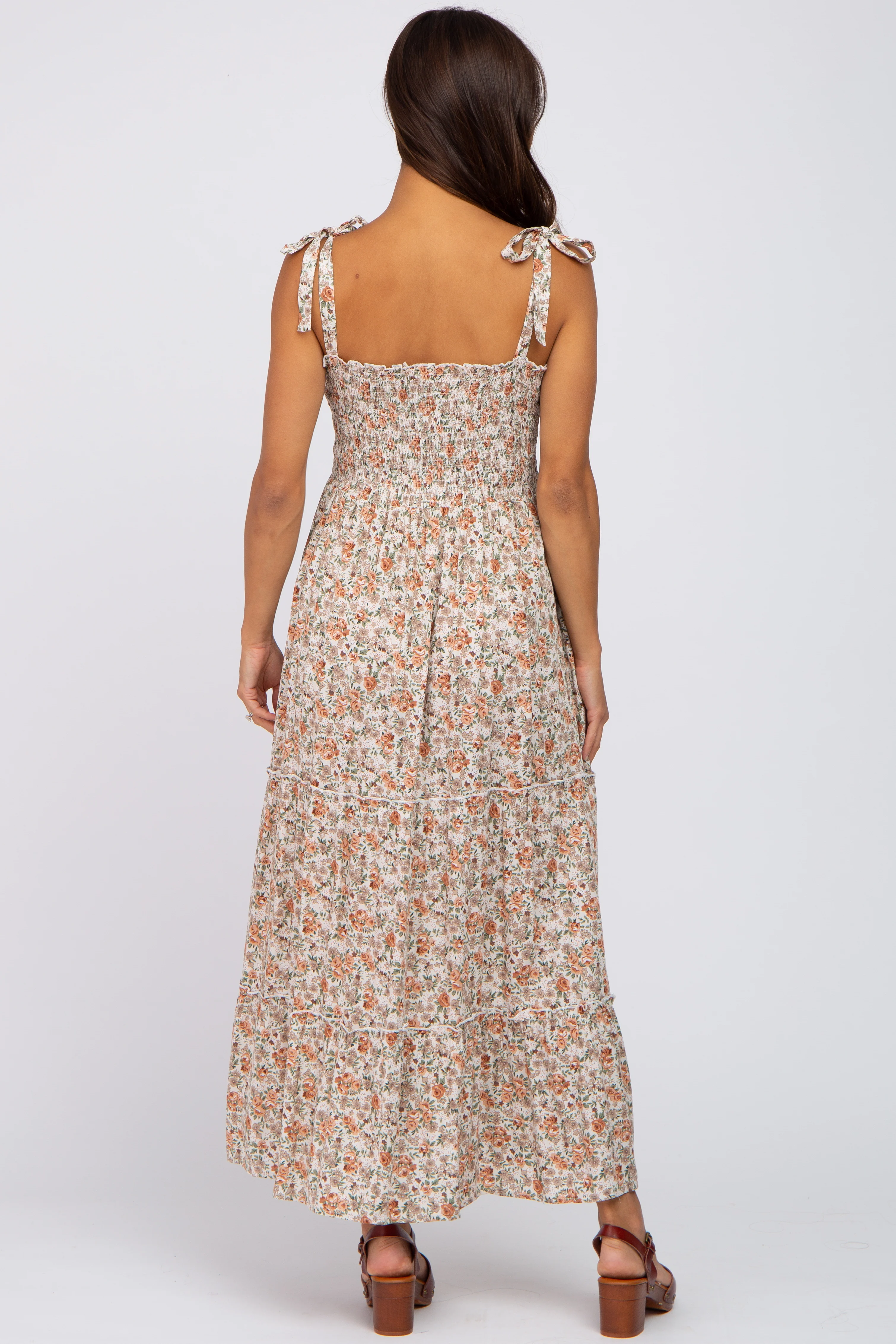 Beige Floral Sleeveless Tiered Maternity Maxi Dress - Image 3