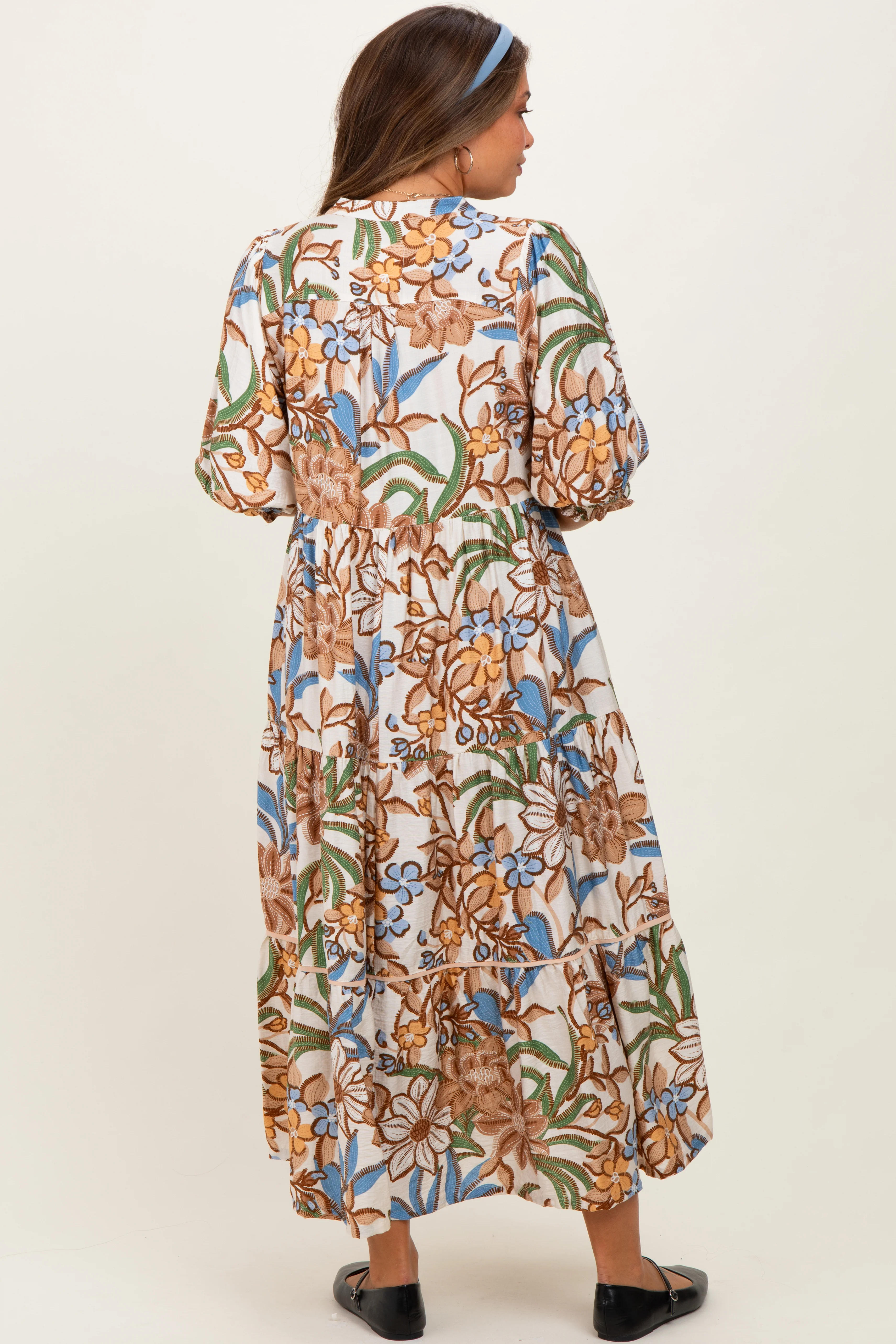 Beige Floral Tiered Short Sleeve Maternity Midi Dress - Image 4
