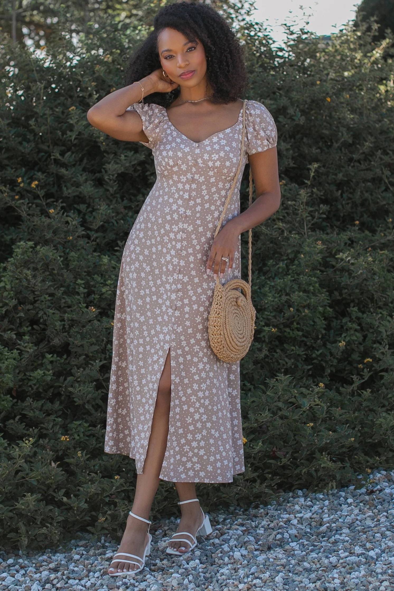 Beige Floral V-Neck Button Detail Maternity Midi Dress - Image 4