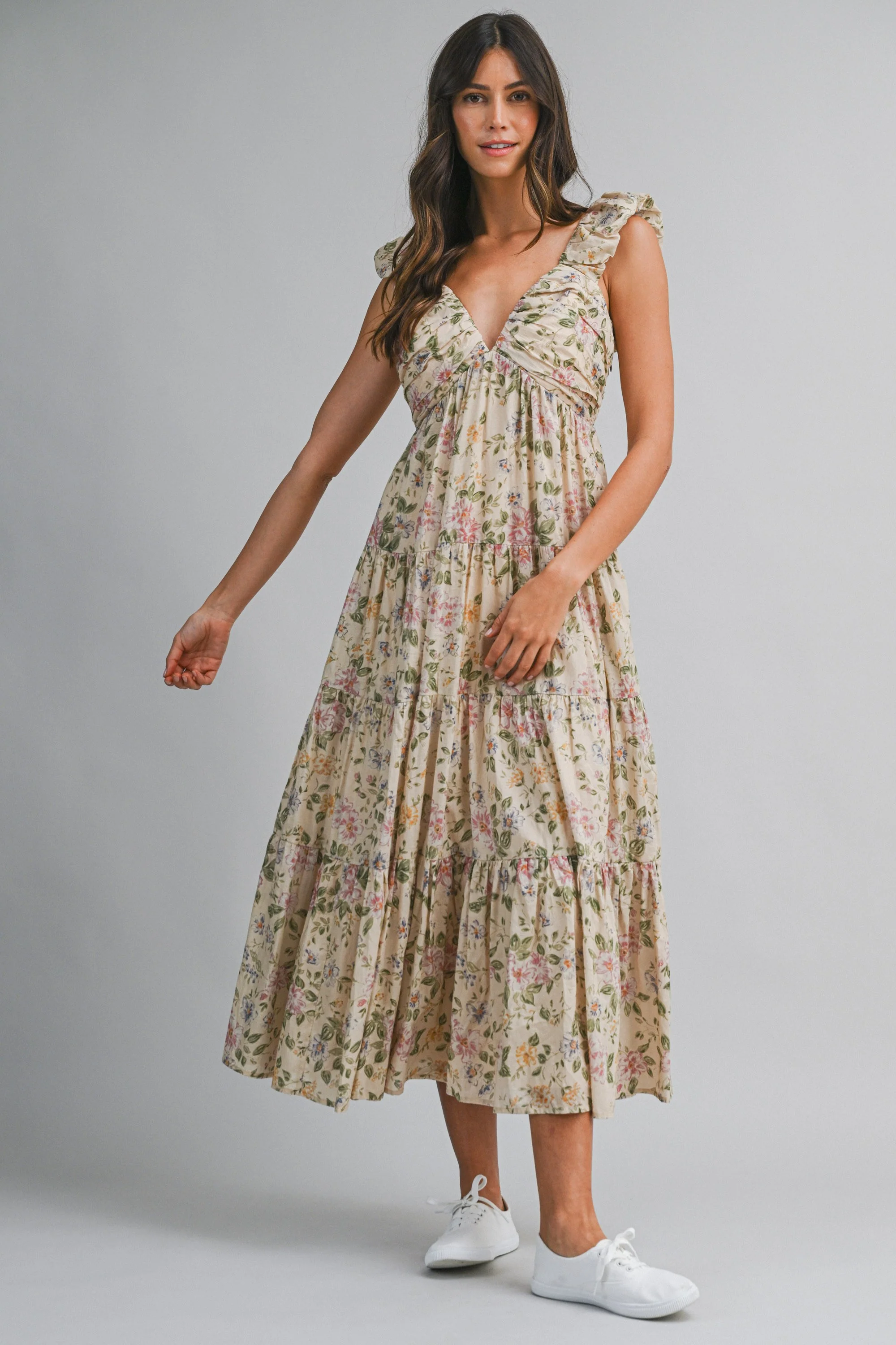 Beige Floral V-Neck Tiered Midi Dress