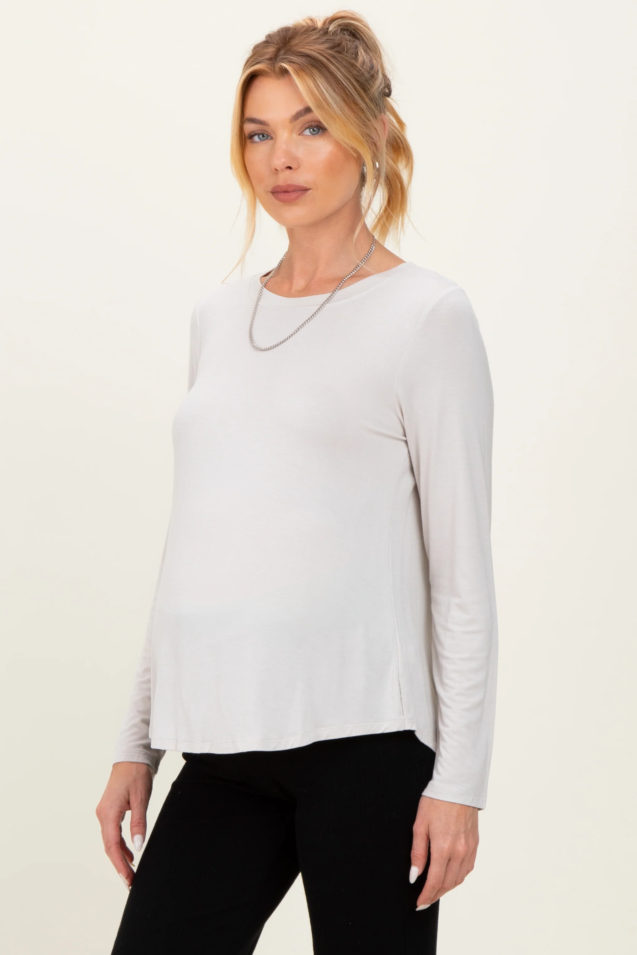 Beige Flowy Round Hem Maternity Long Sleeve Top - Image 5