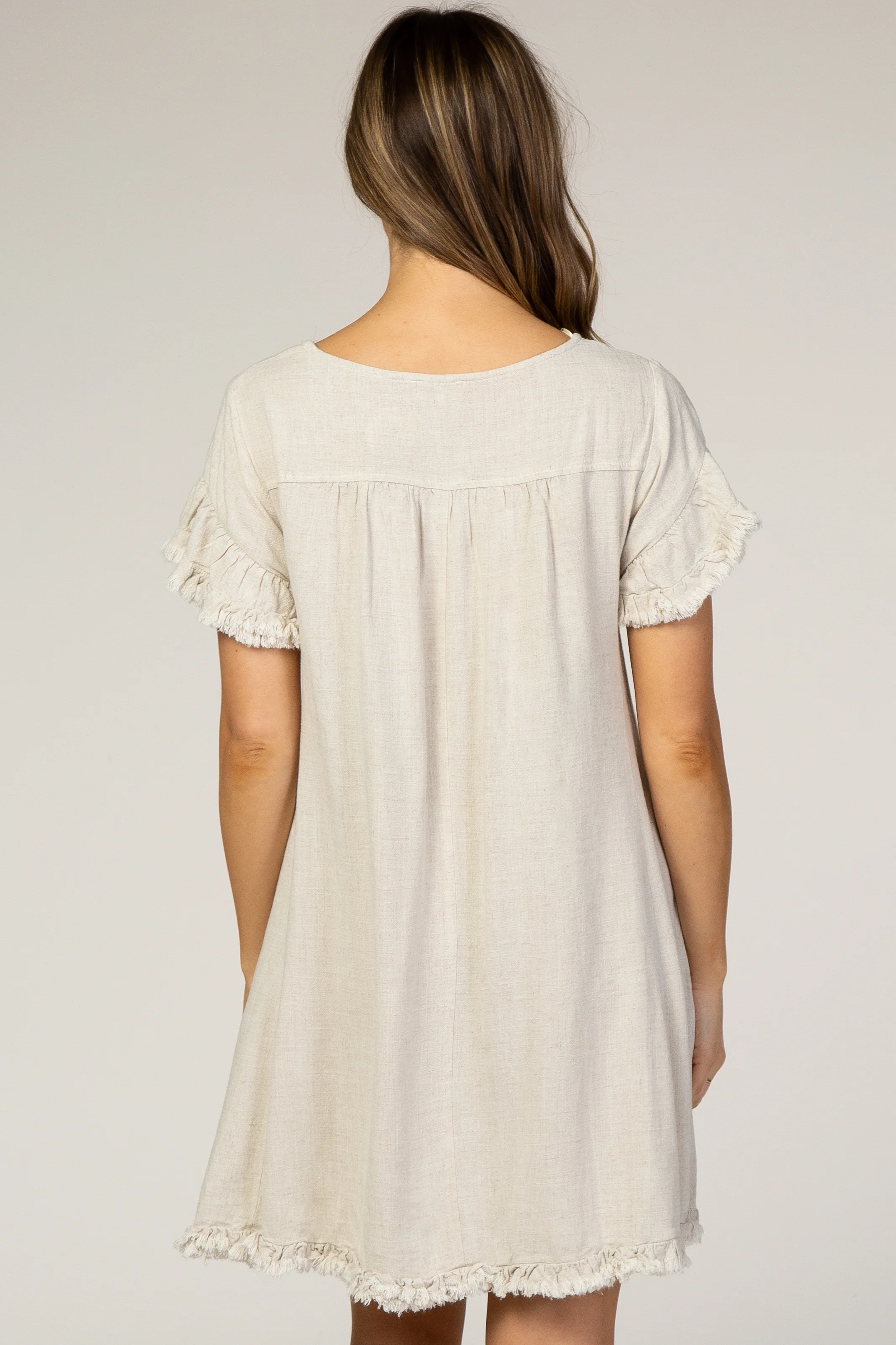 Beige Fringe Linen Maternity Dress - Image 4
