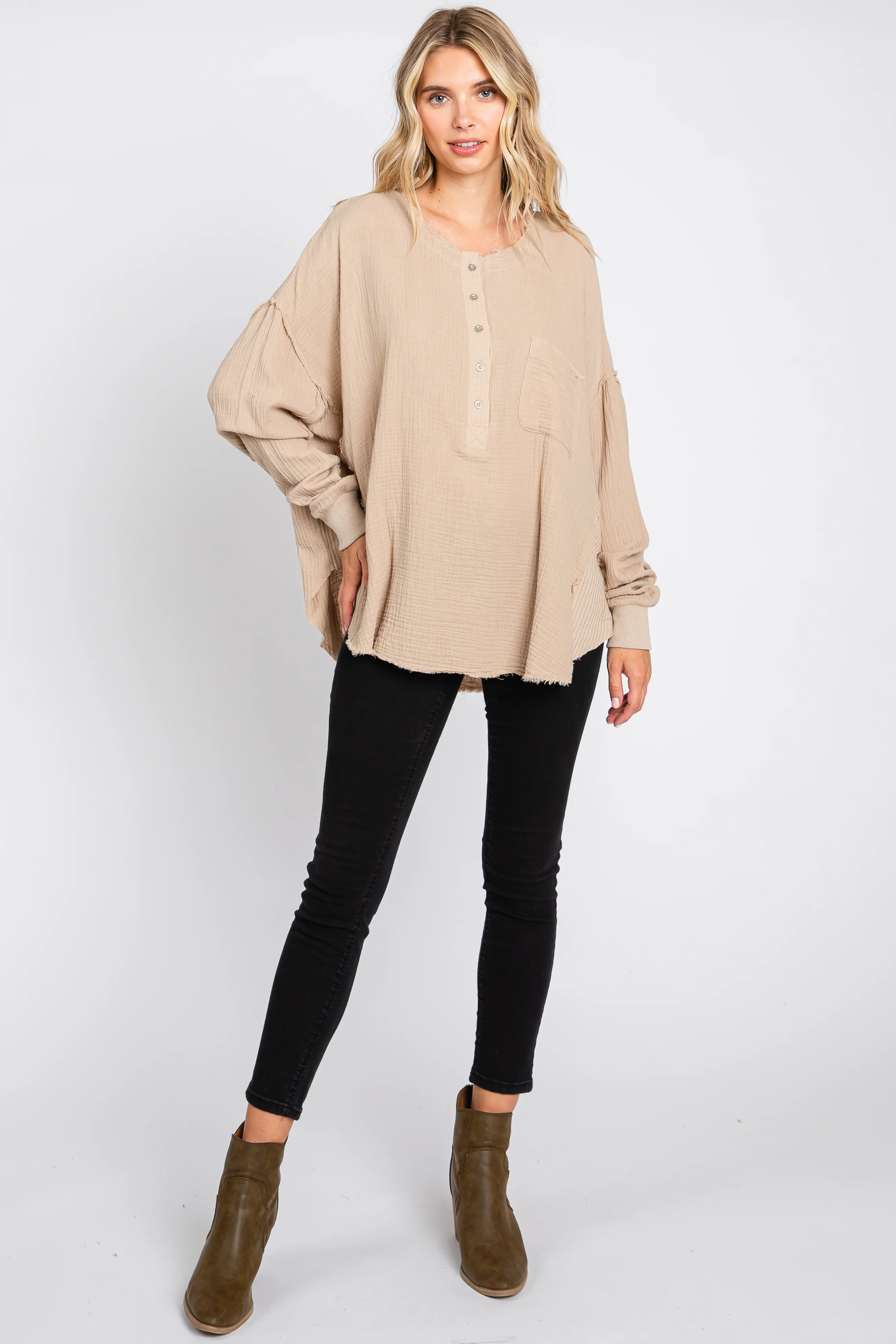 Beige Front Button Drop Shoulder Long Sleeve Top - Image 4