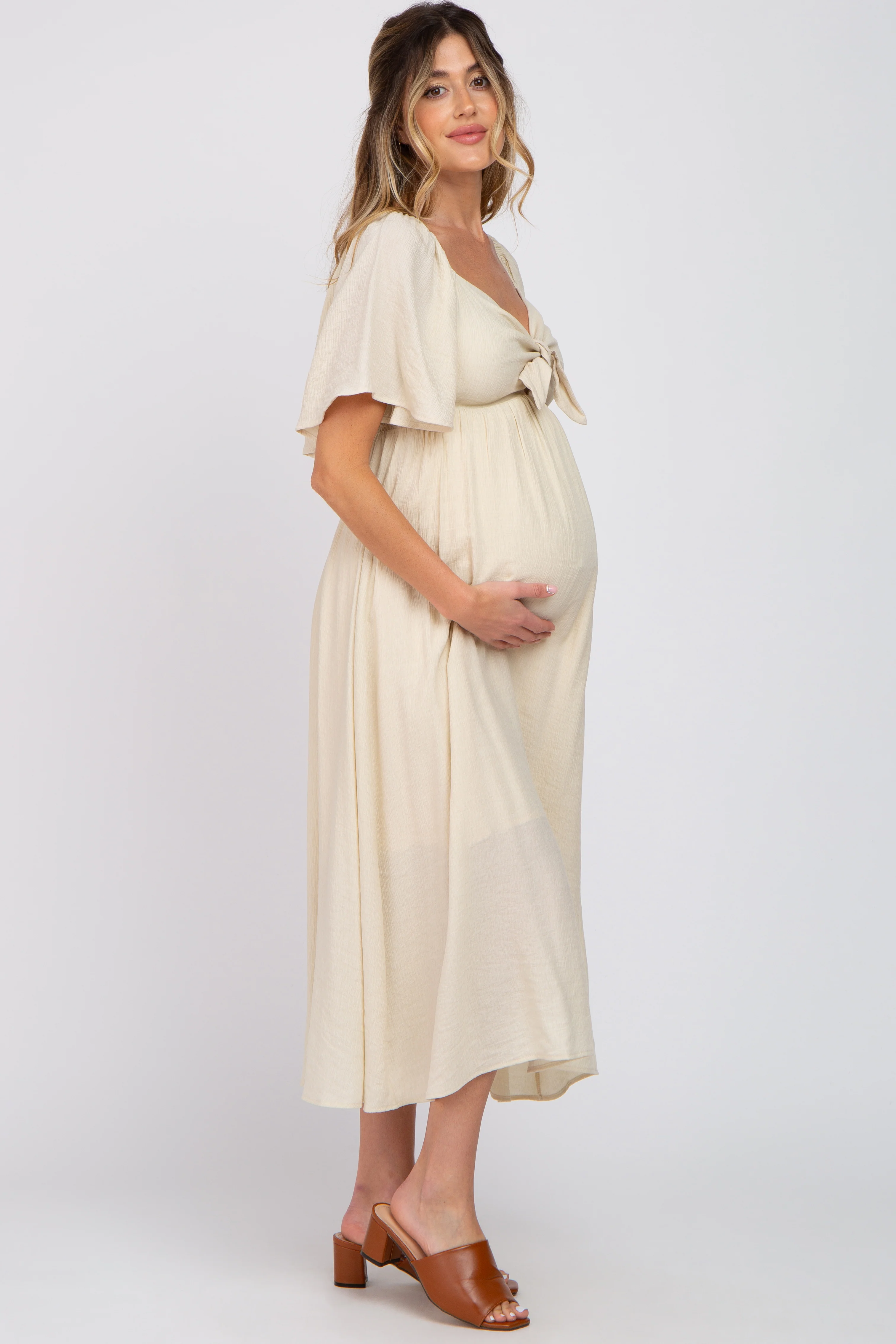 Beige Front Tie Ruffle Sleeve Maternity Midi Dress - Image 2