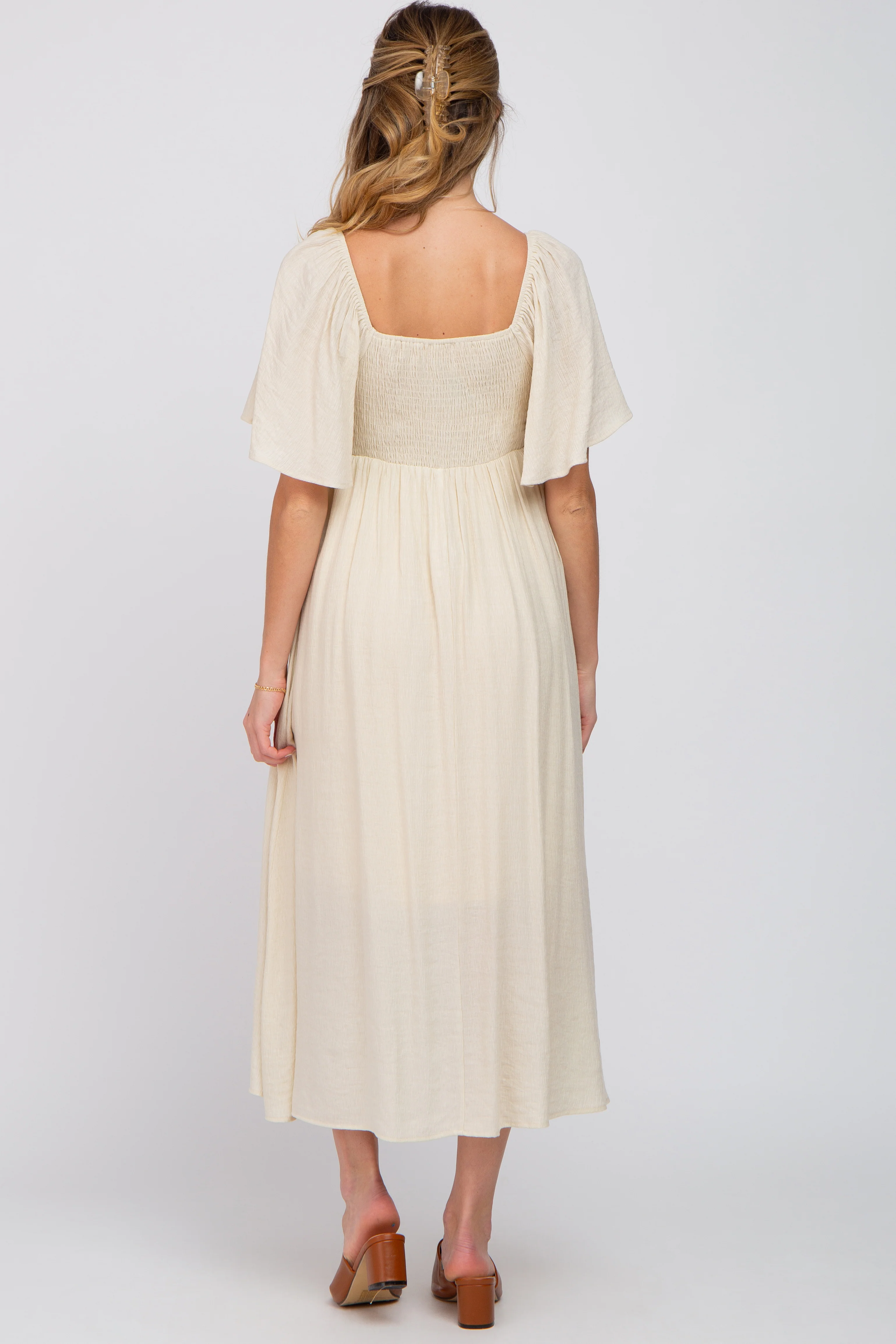 Beige Front Tie Ruffle Sleeve Maternity Midi Dress - Image 3