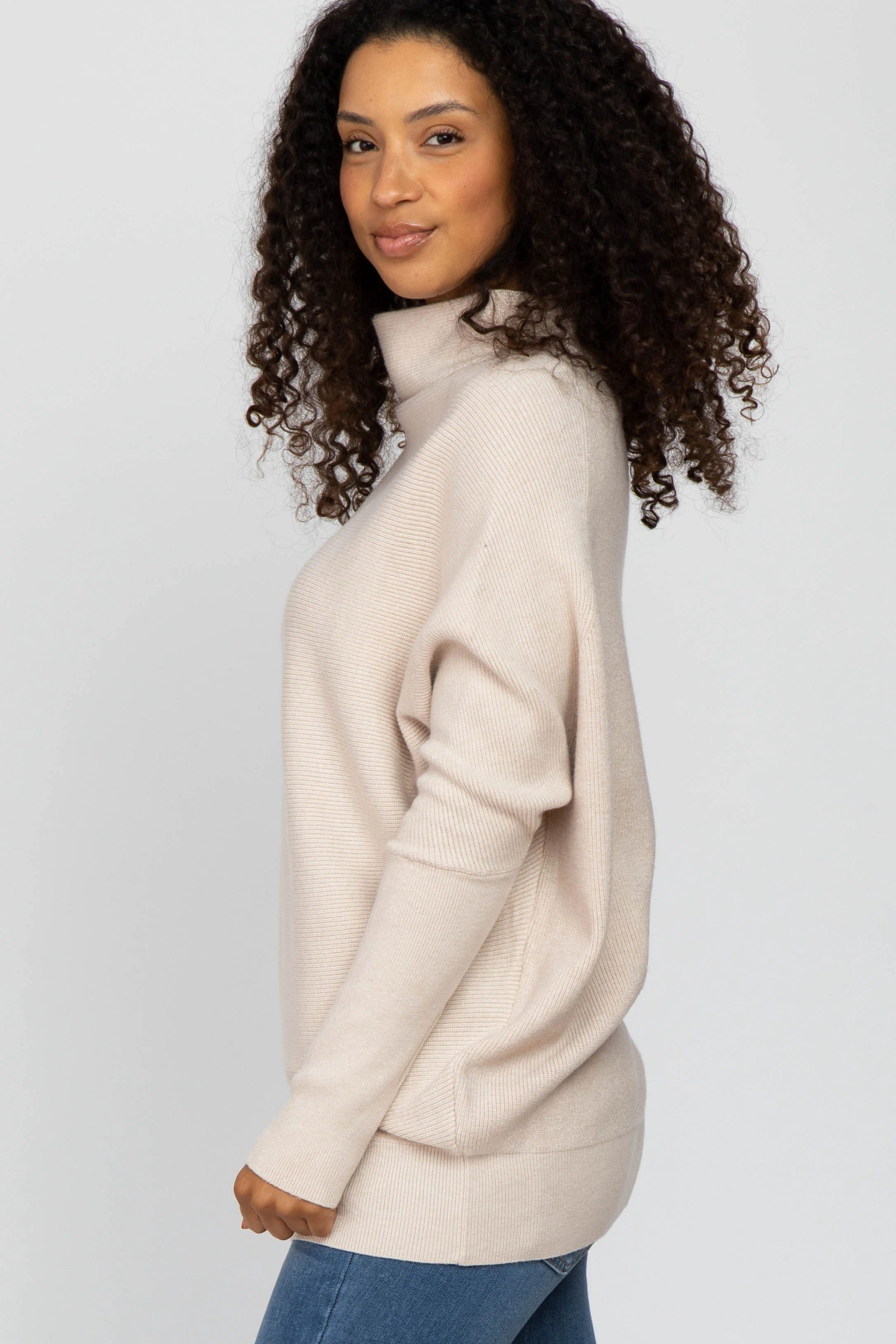 Beige Funnel Neck Dolman Sleeve Sweater - Image 2
