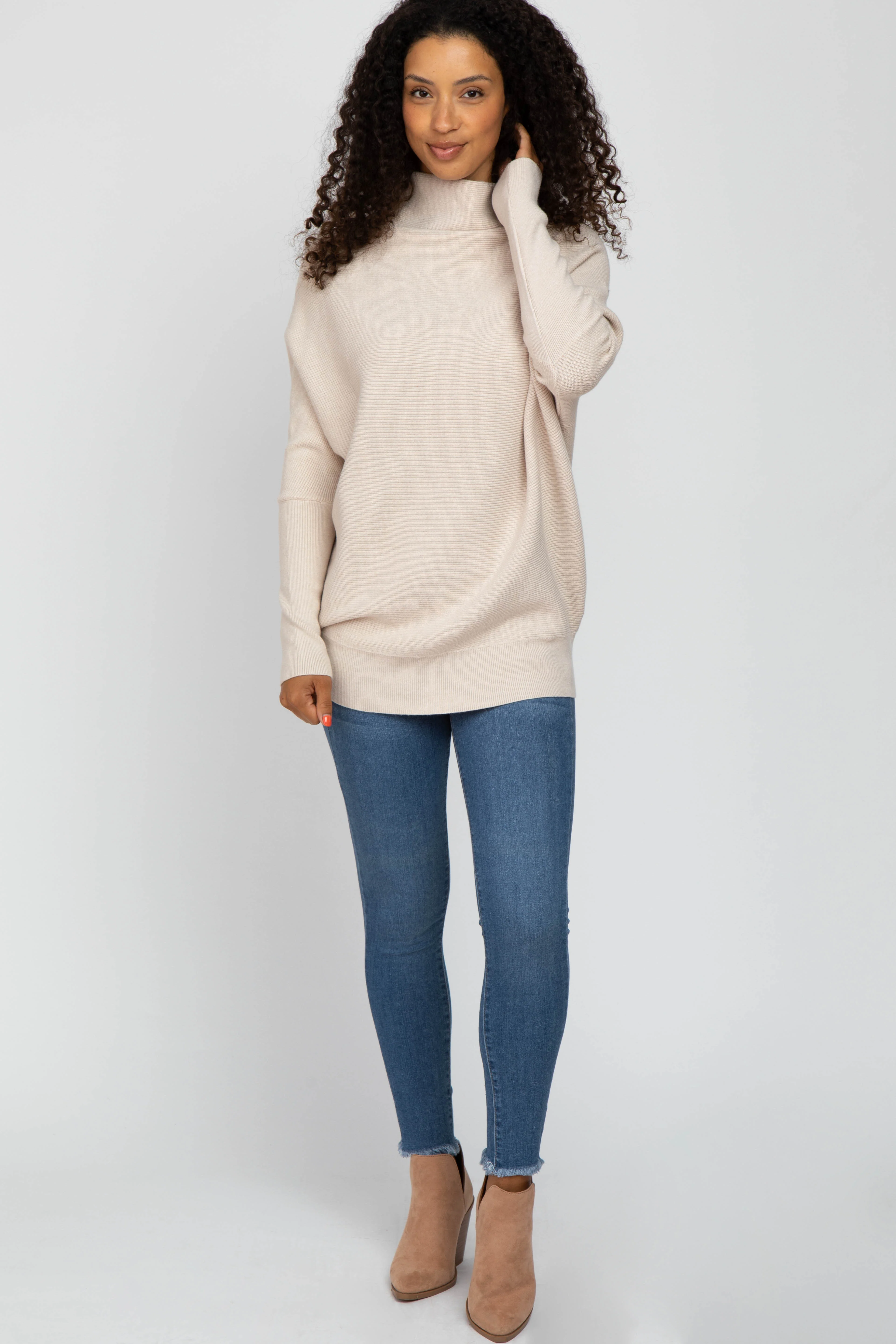 Beige Funnel Neck Dolman Sleeve Sweater - Image 4