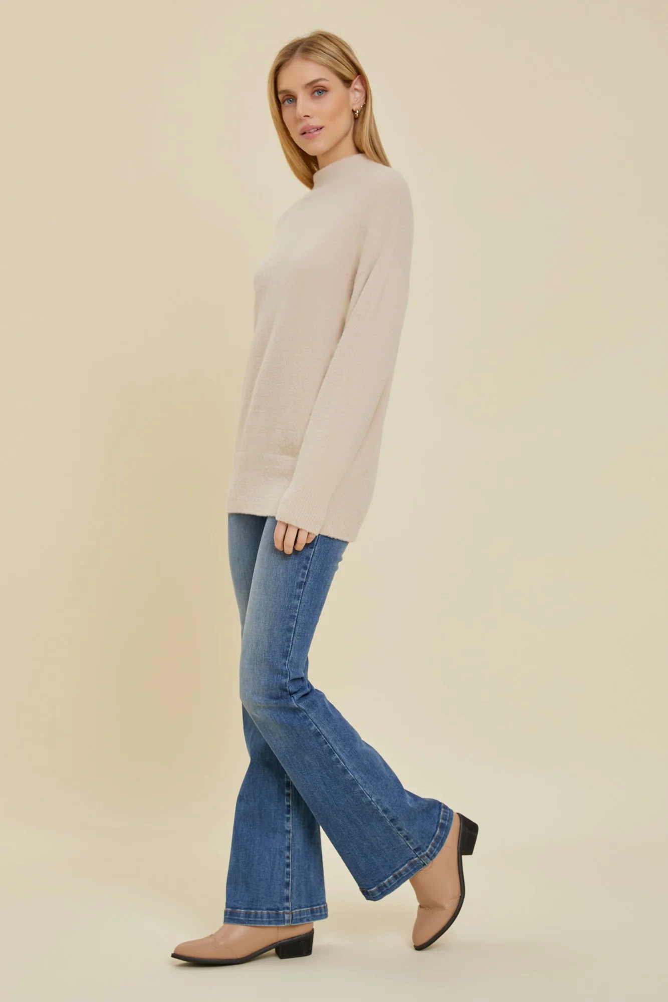 Beige Fuzzy Knit Mock Neck Sweater - Image 3