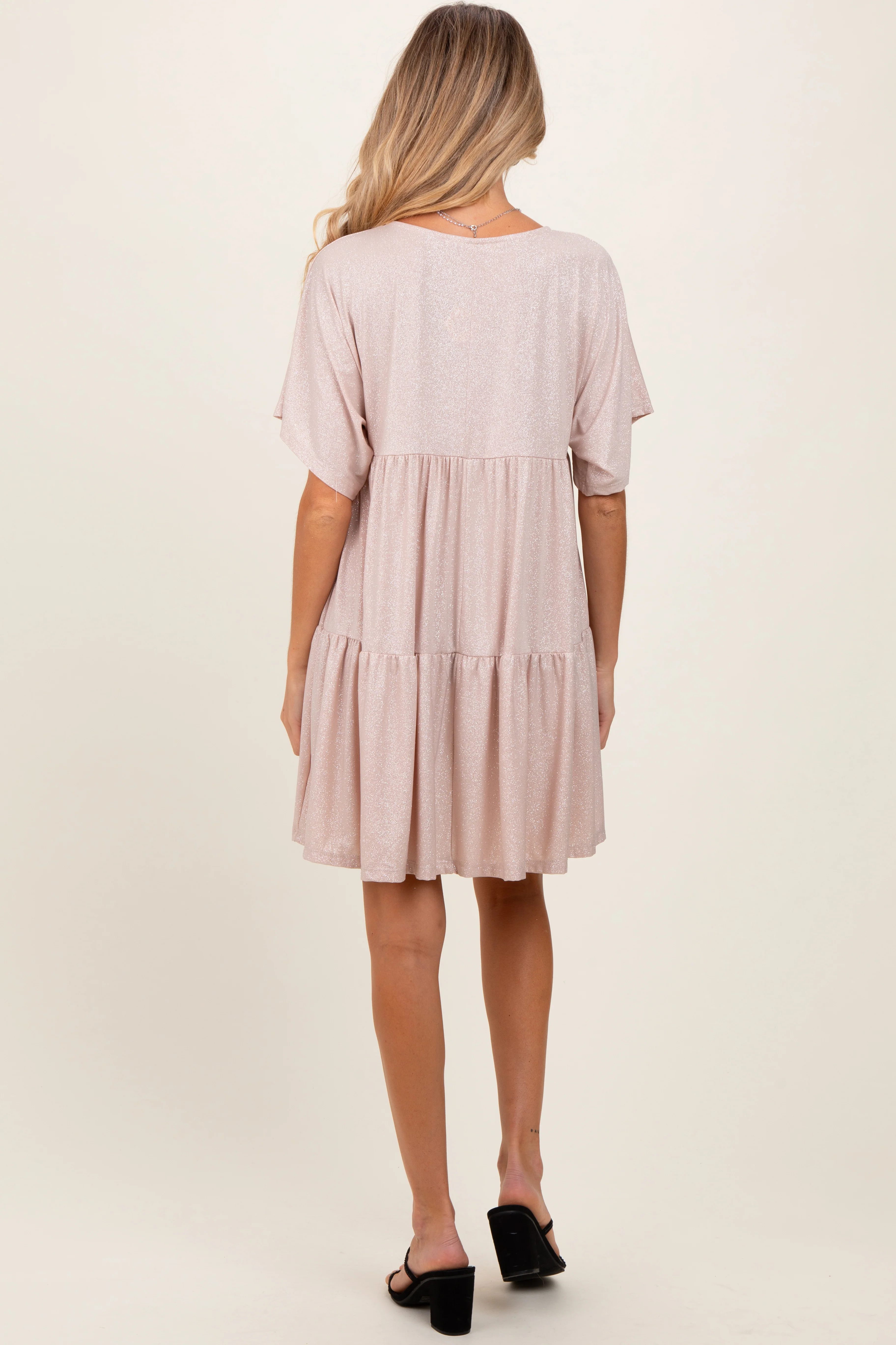 Beige Glitter Flutter Sleeve Tiered Maternity Dress - Image 3