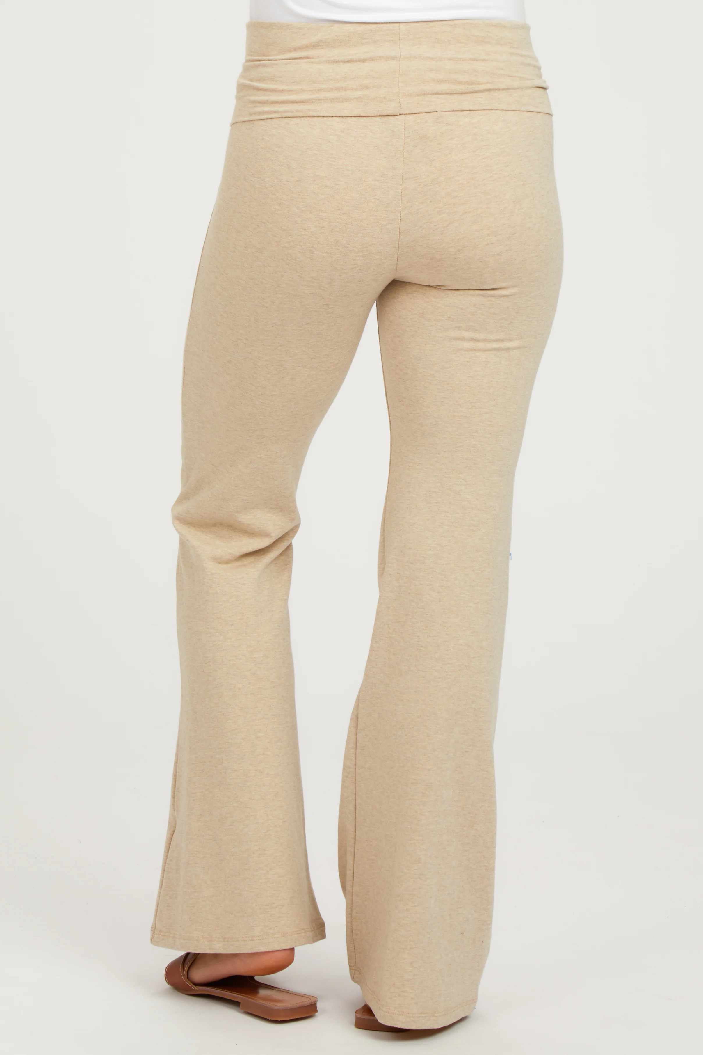 Beige Heathered Flare Leg Fold Over Maternity Leggings - Image 4