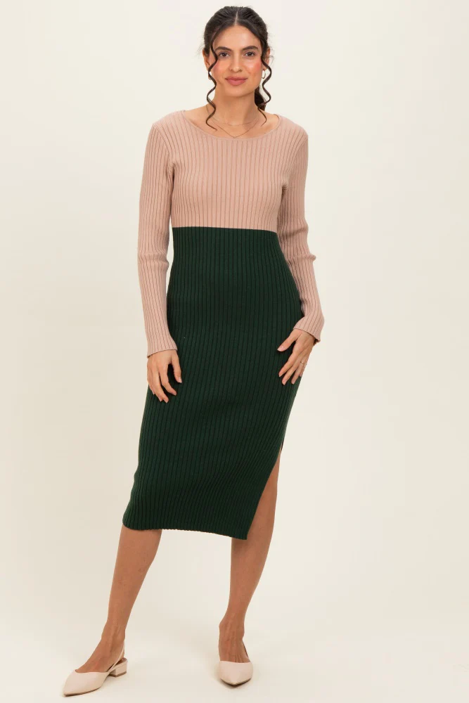 Beige Knit Colorblock Long Sleeve Maternity Midi Dress - Image 5