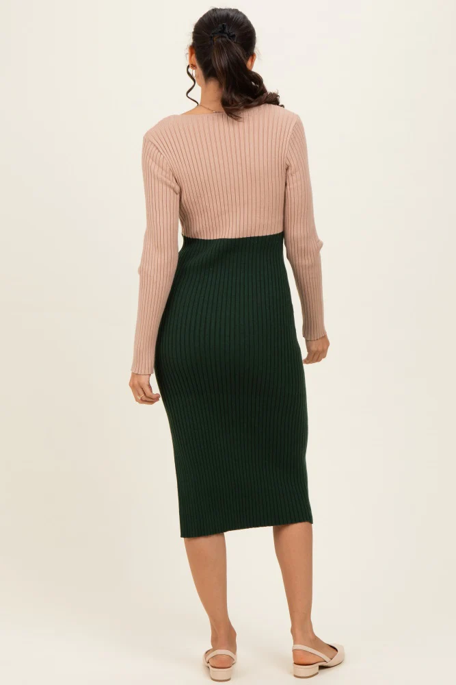 Beige Knit Colorblock Long Sleeve Midi Dress - Image 3
