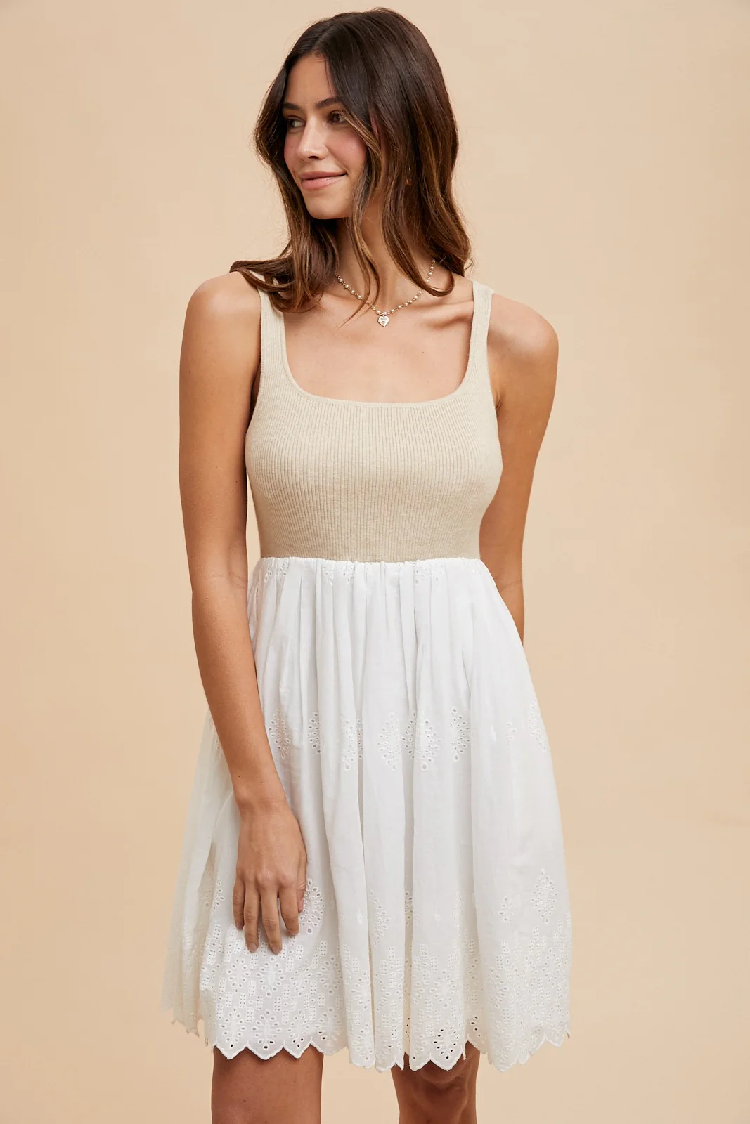 Beige Knit Contrast Eyelet Lace Skirt Maternity Mini Dress - Image 5