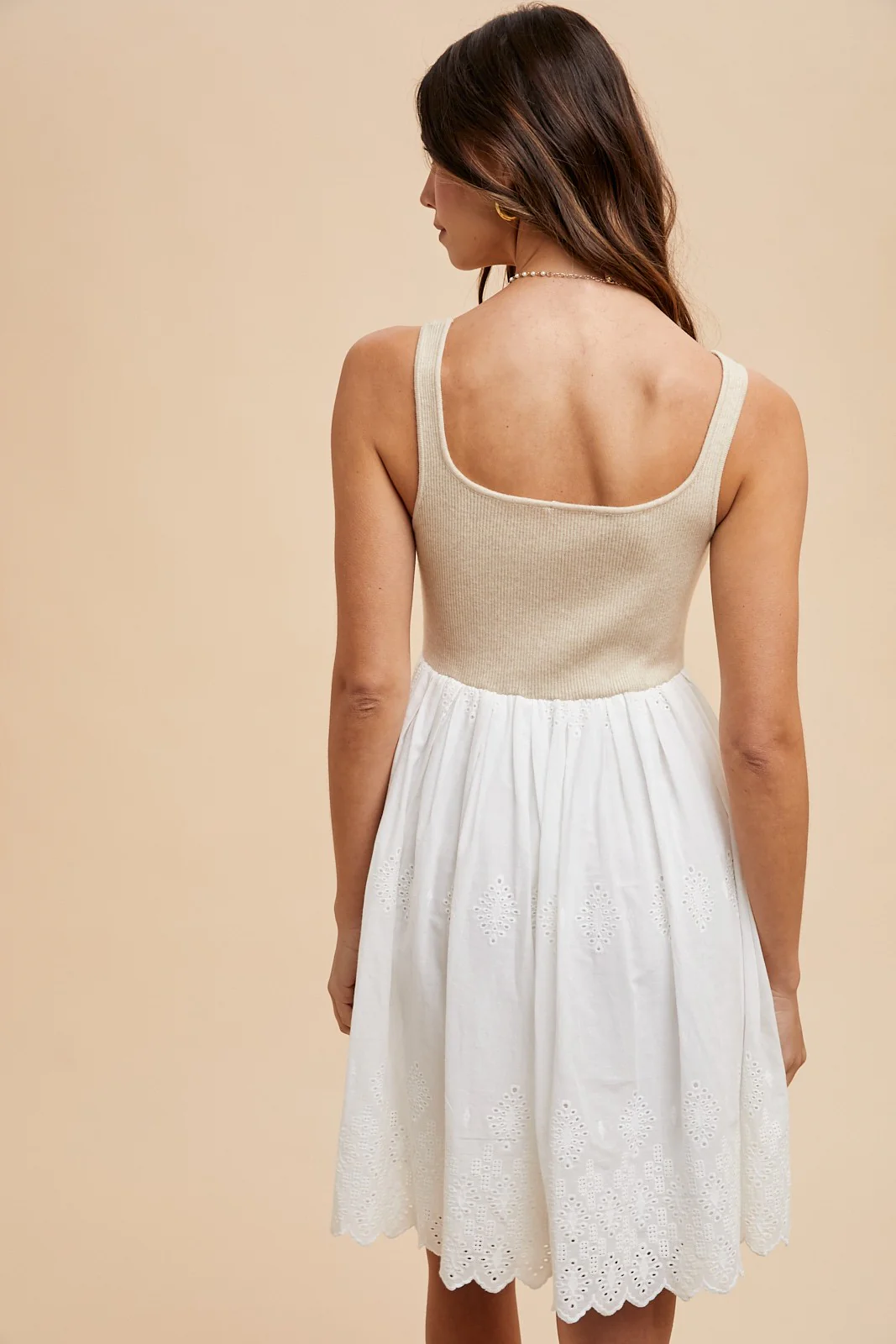Beige Knit Contrast Eyelet Lace Skirt Mini Dress - Image 5