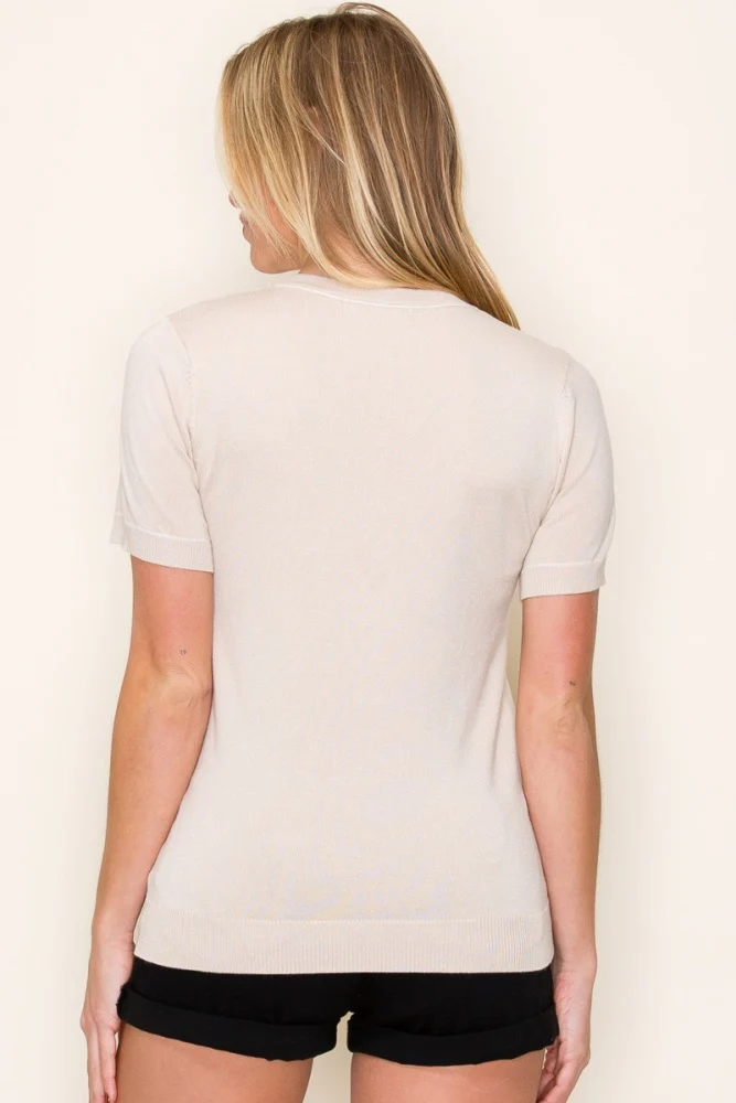 Beige Knit Crew Neck Short Sleeve Top - Image 4