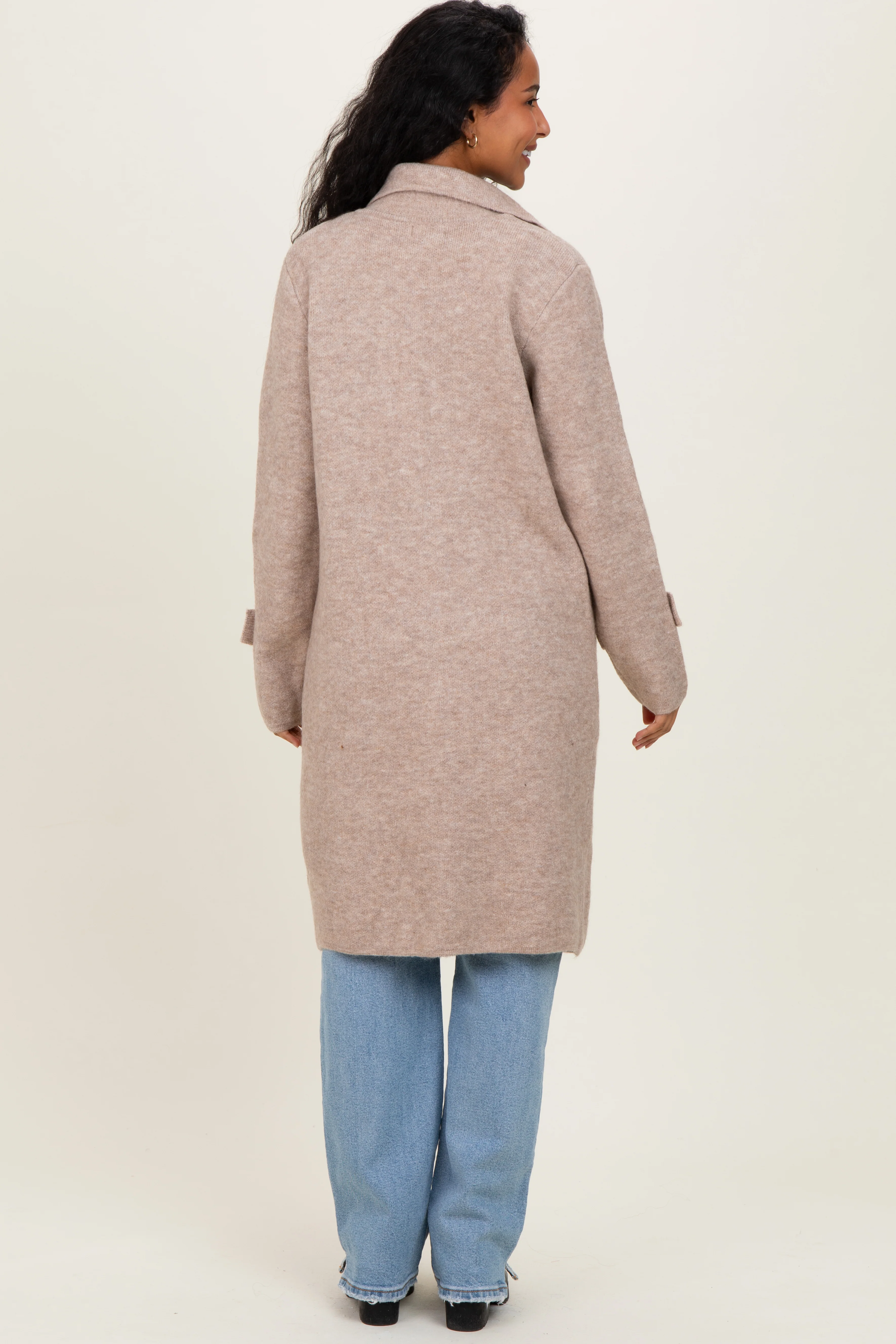 Beige Knit Long Maternity Sweater Coat - Image 4