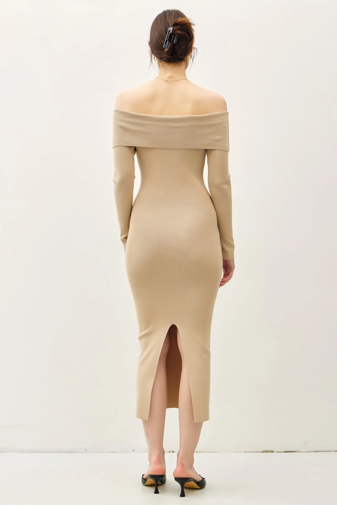 Beige Knit Off Shoulder Long Sleeve Midi Dress - Image 3