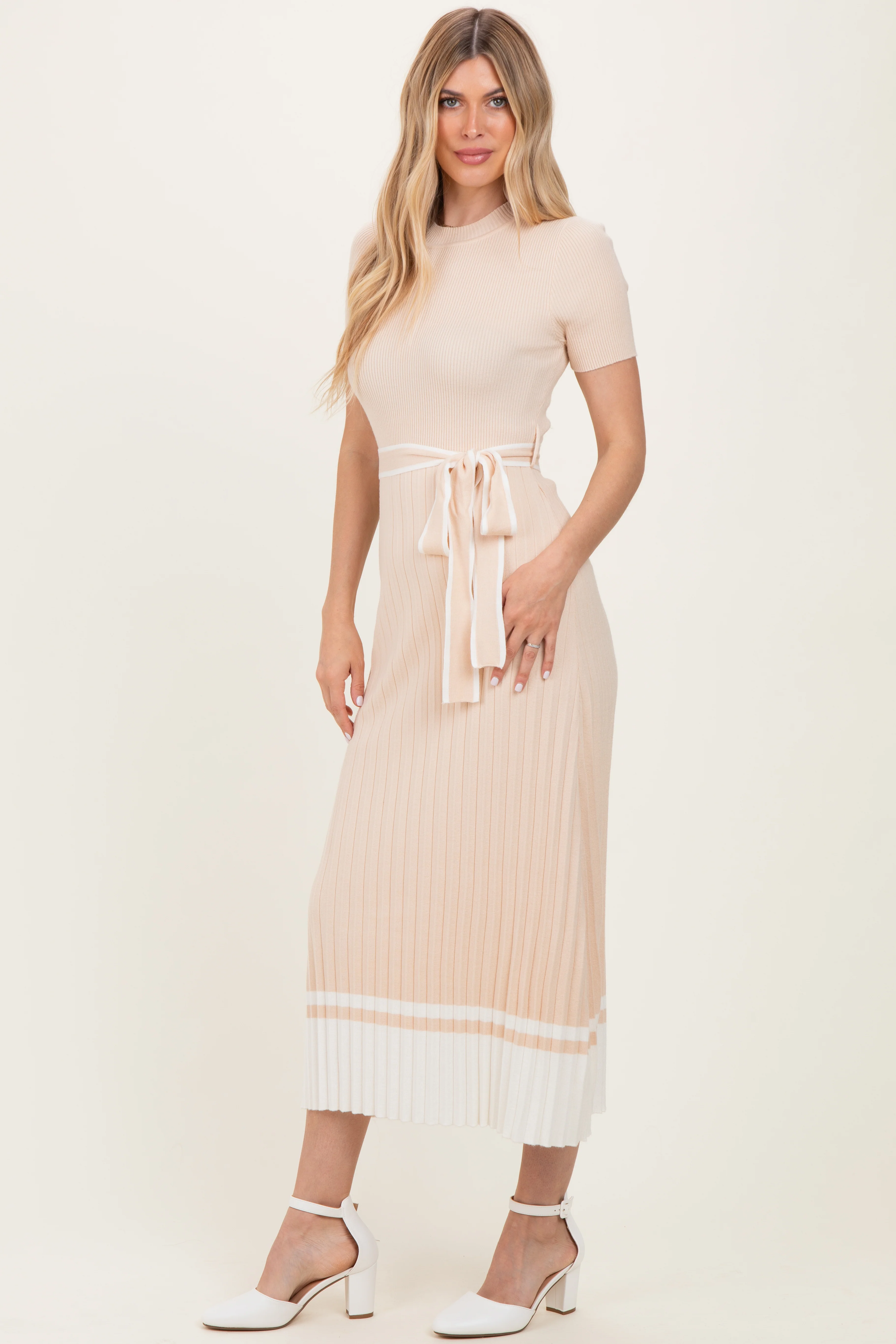 Beige Knit Pleated Sash Tie Midi Dress - Image 3