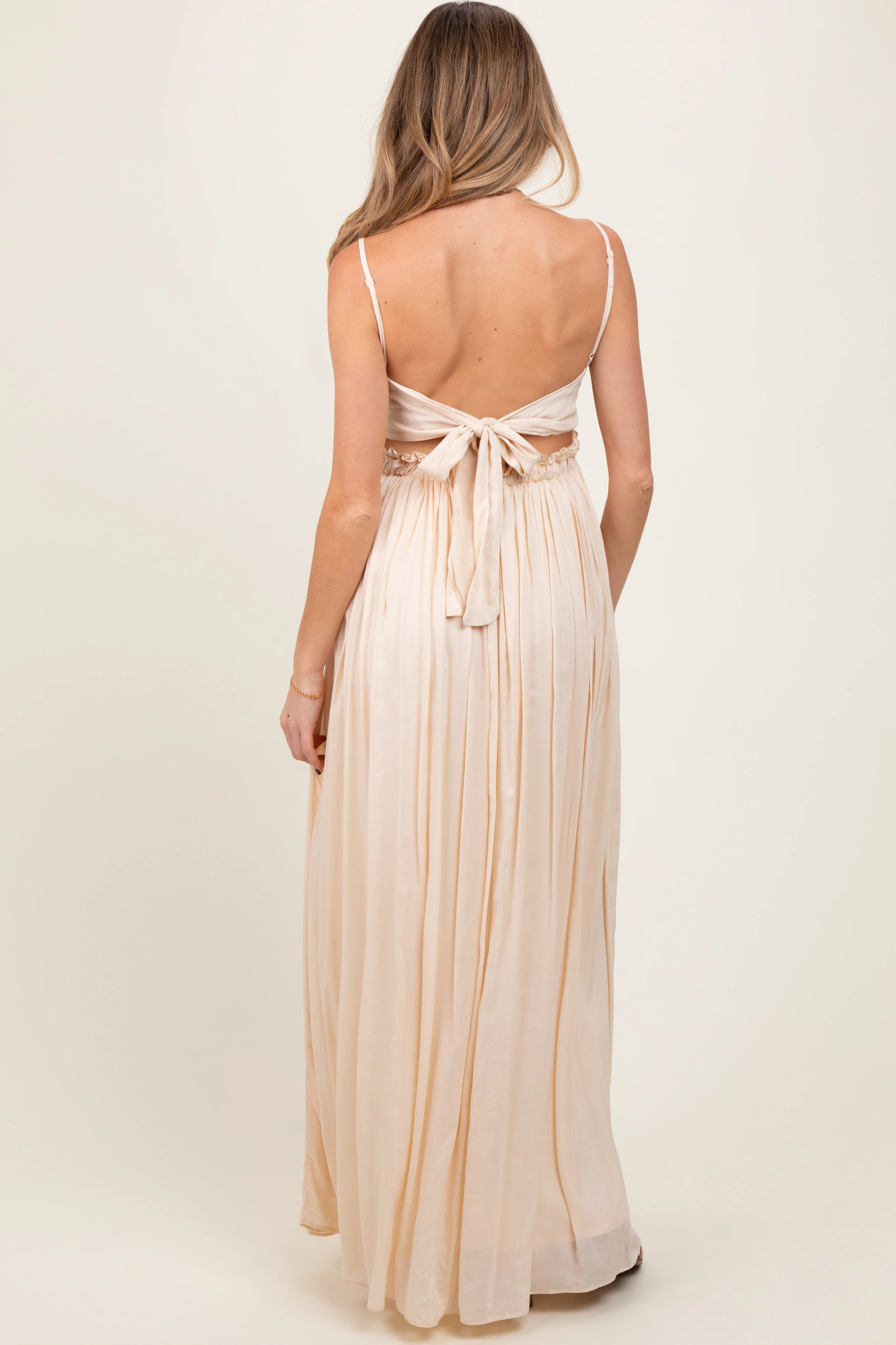 Beige Lace Bodice Cutout Tie Back Maternity Maxi Dress - Image 4