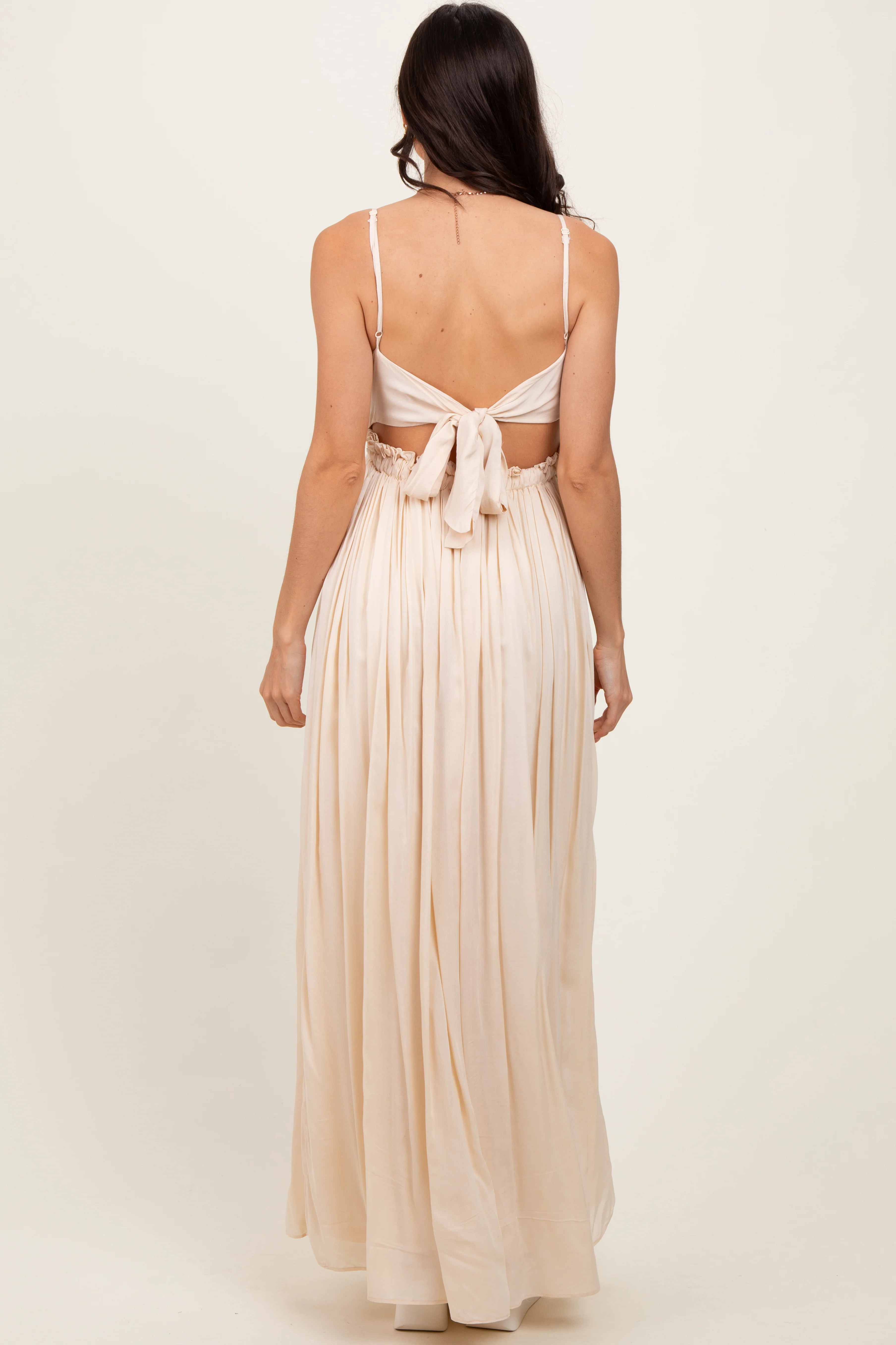 Beige Lace Bodice Cutout Tie Back Maxi Dress - Image 4