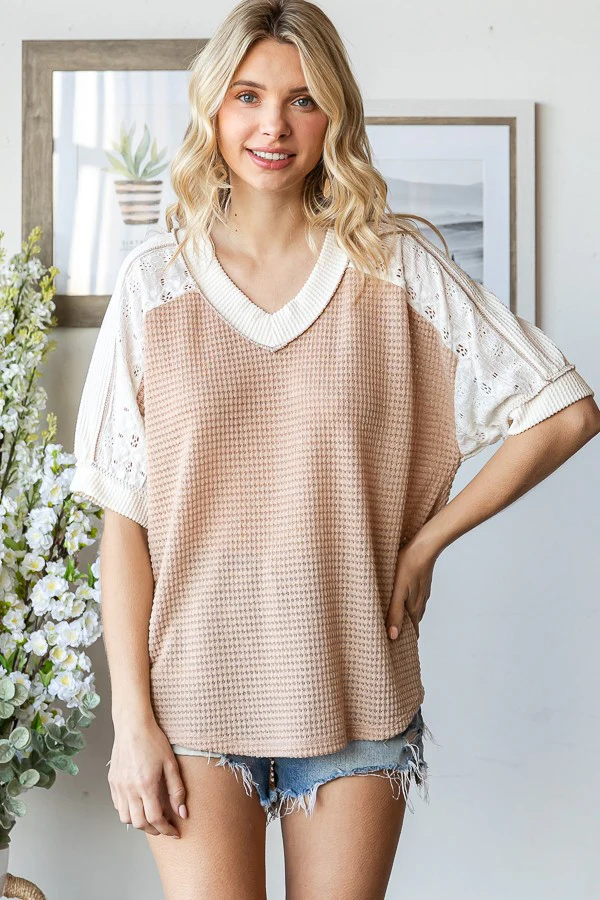 Beige Lace Inset V-Neck Short Sleeve Top - Image 2