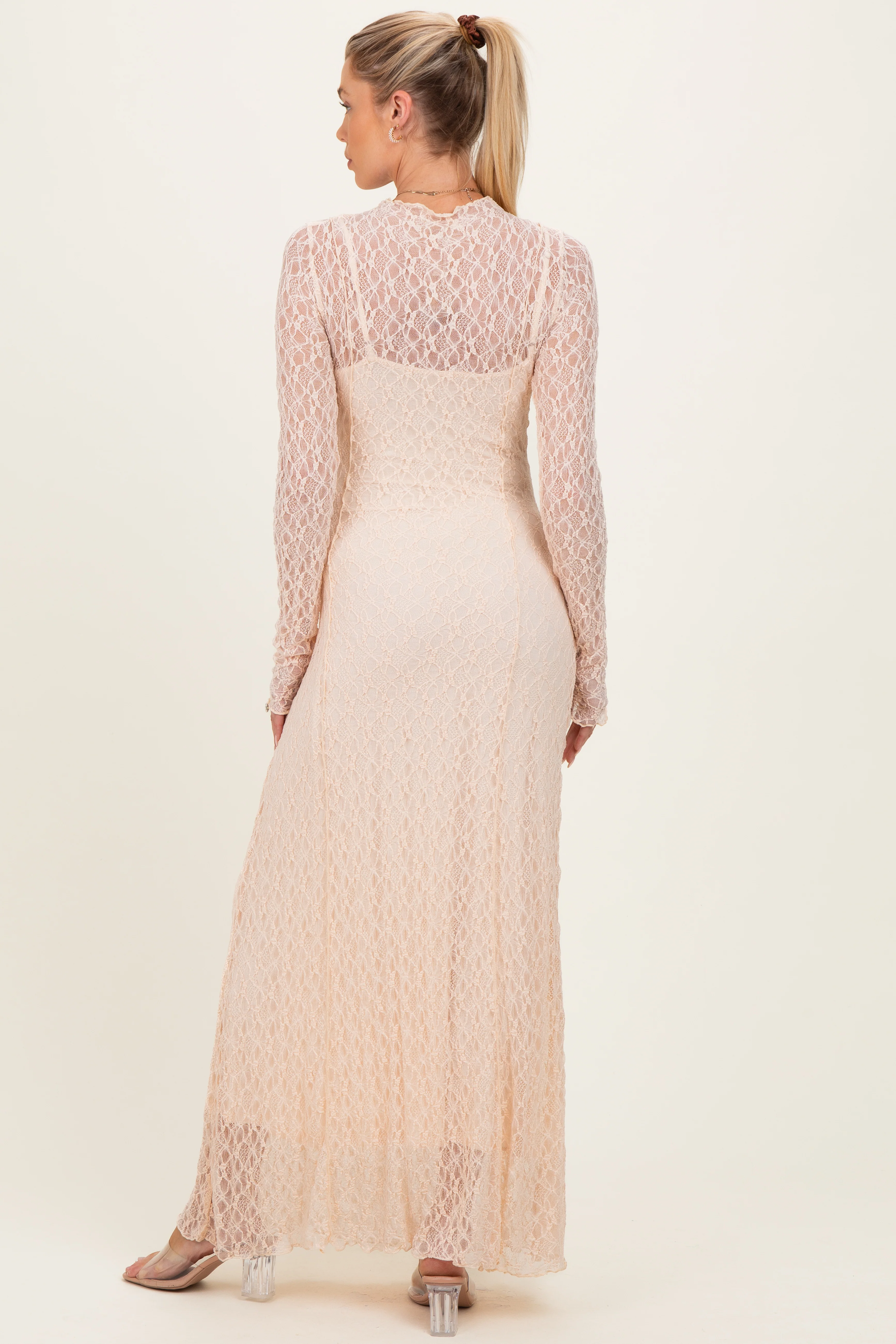 Beige Lace Mock Neck Long Sleeve Maternity Maxi Dress - Image 3