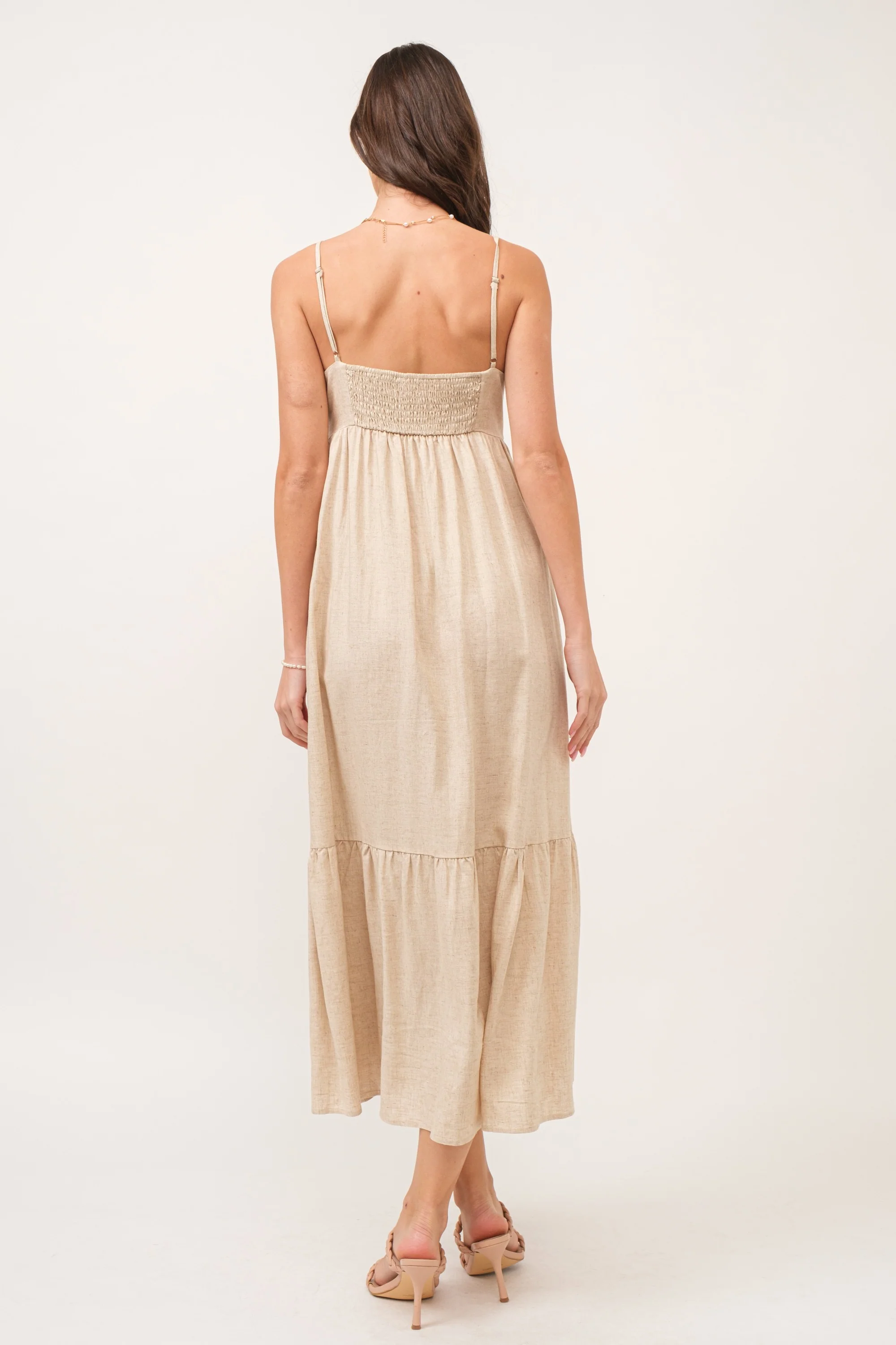 Beige Linen Front Cinch Midi Dress - Image 4
