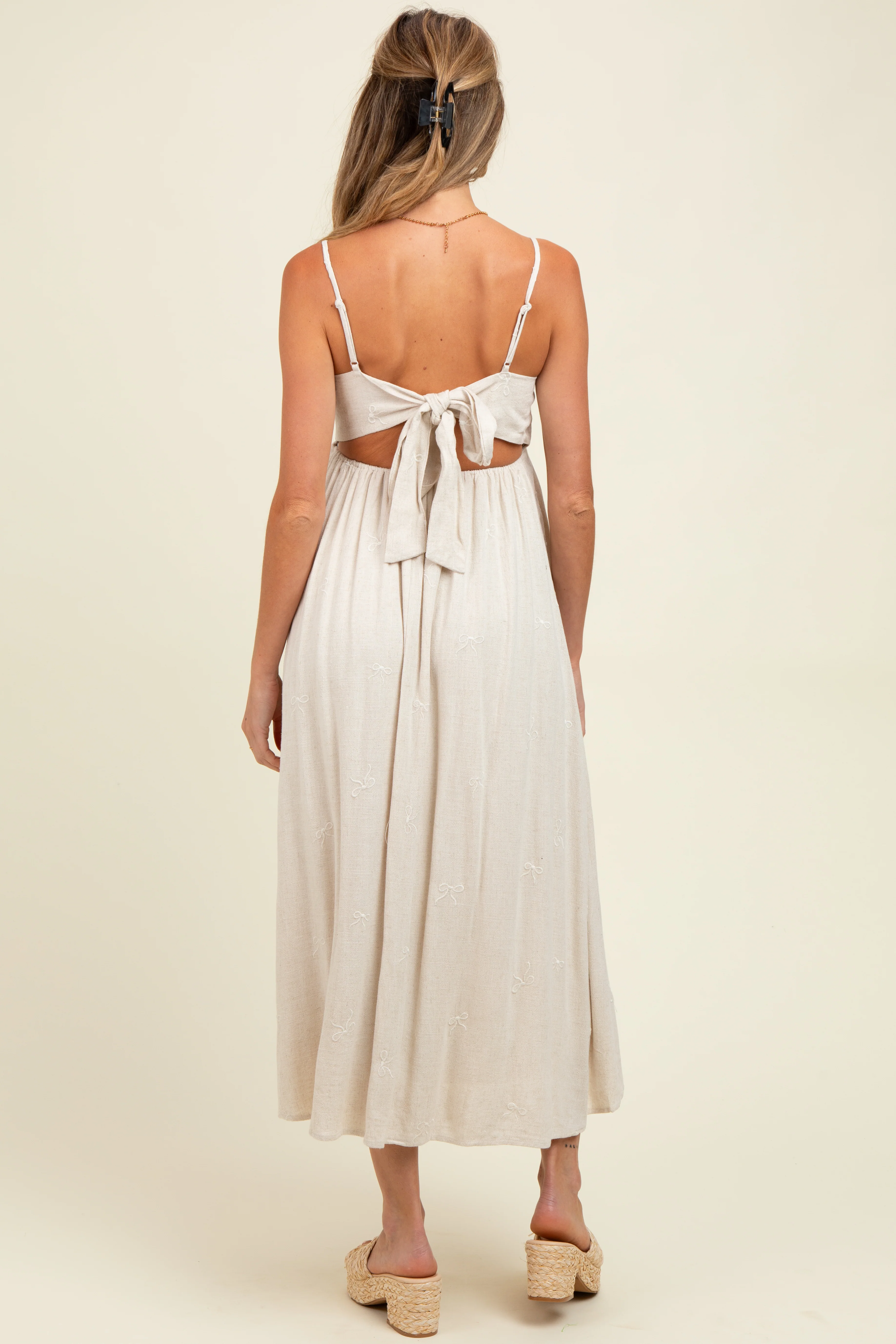Beige Linen Ribbon Pattern Embroidered Maternity Midi Dress - Image 4