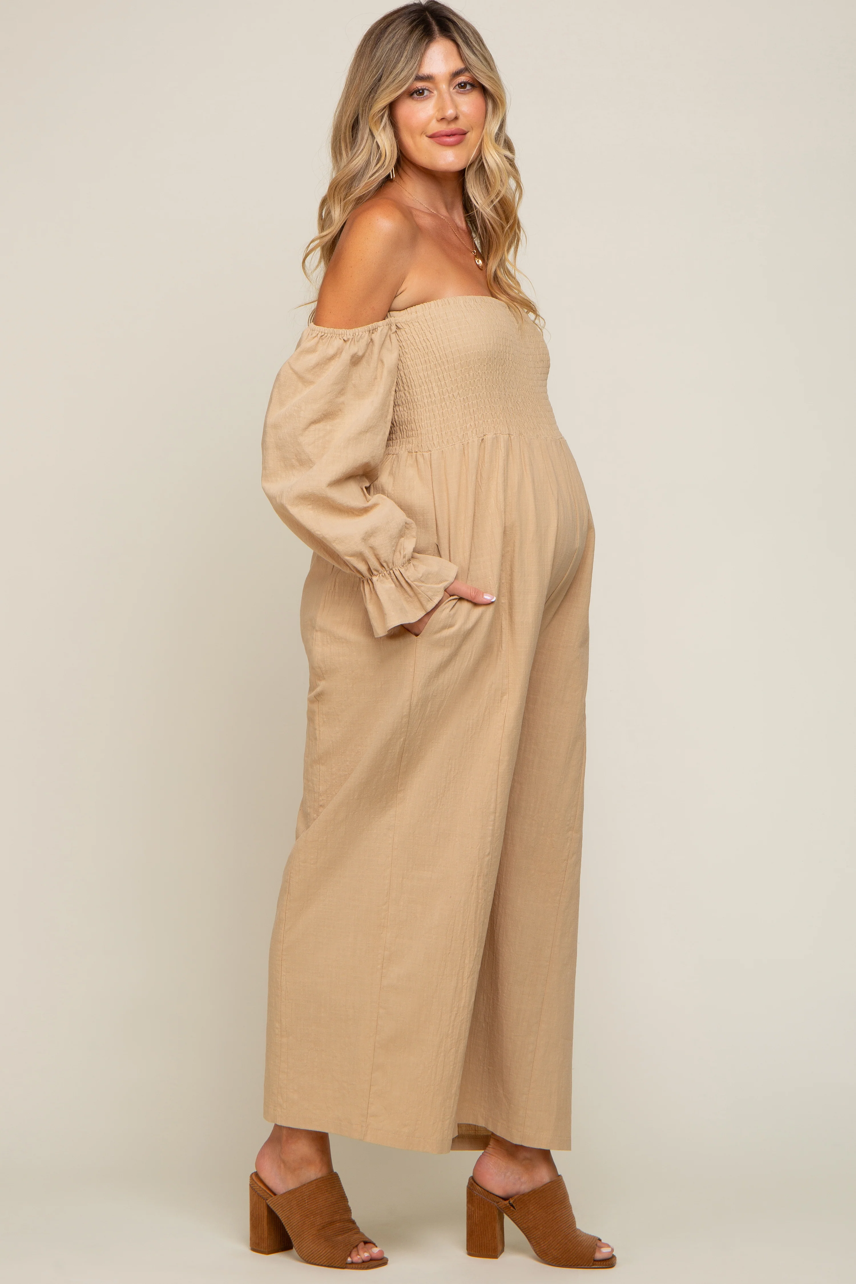 Beige Linen Smocked Off Shoulder Wide Leg Maternity Jumpsuit - Image 3