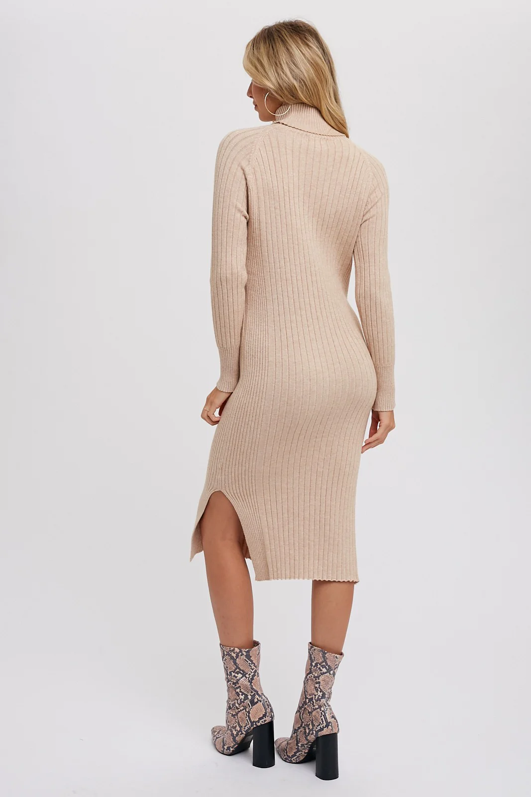 Beige Long Sleeve Turtleneck Sweater Dress - Image 3