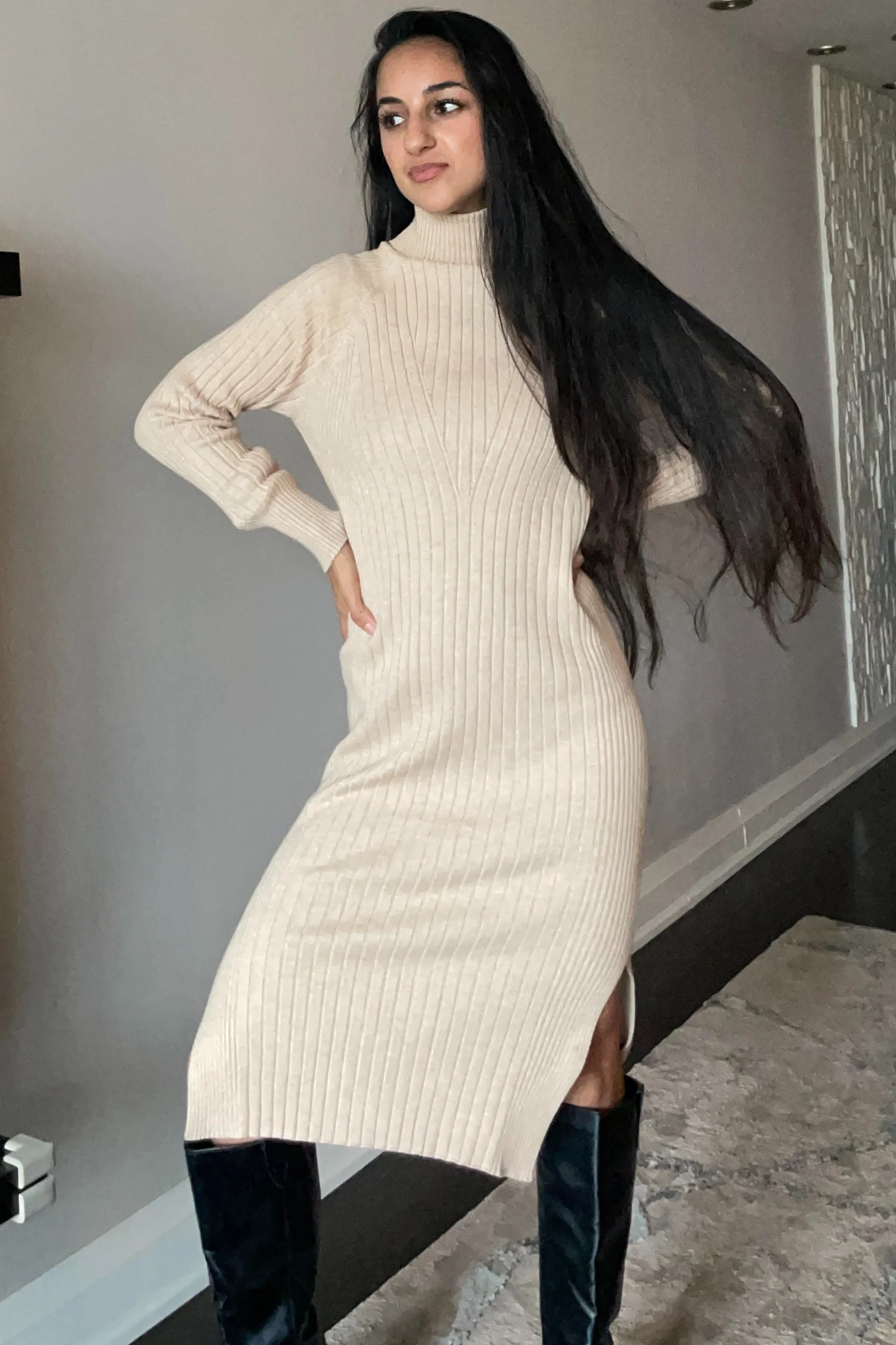 Beige Long Sleeve Turtleneck Sweater Dress - Image 6