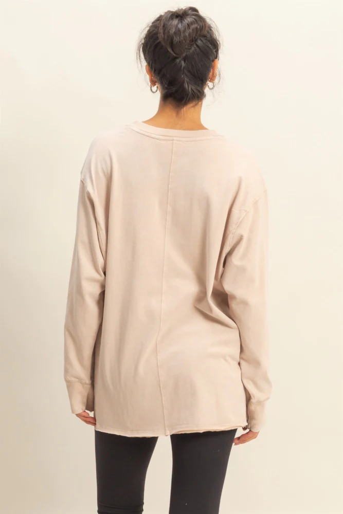 Beige Mineral Washed Drop Shoulder Long Sleeve Top - Image 4
