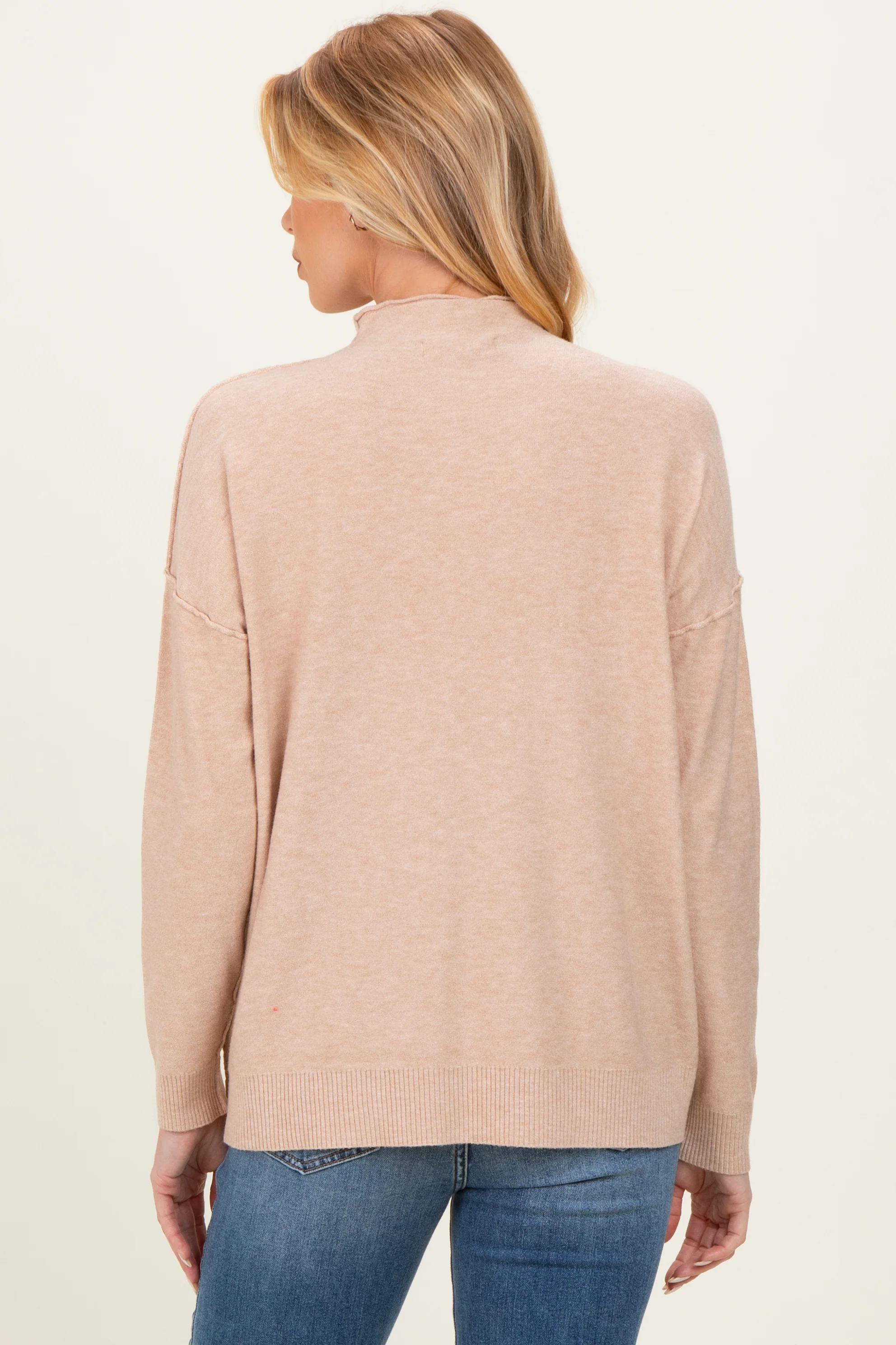 Beige Mock Neck Exposed Seam Maternity Sweater - Image 7