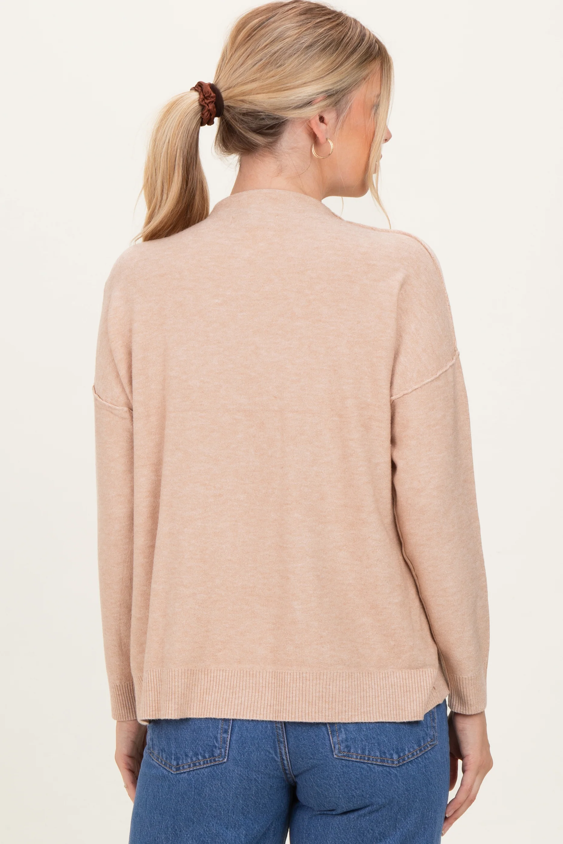 Beige Mock Neck Exposed Seam Sweater - Image 4