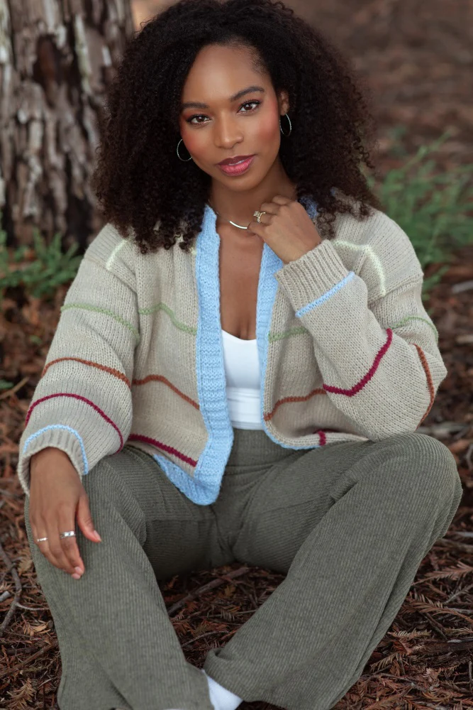 Beige Multicolor Stripe Chunky Knit Cardigan - Image 2