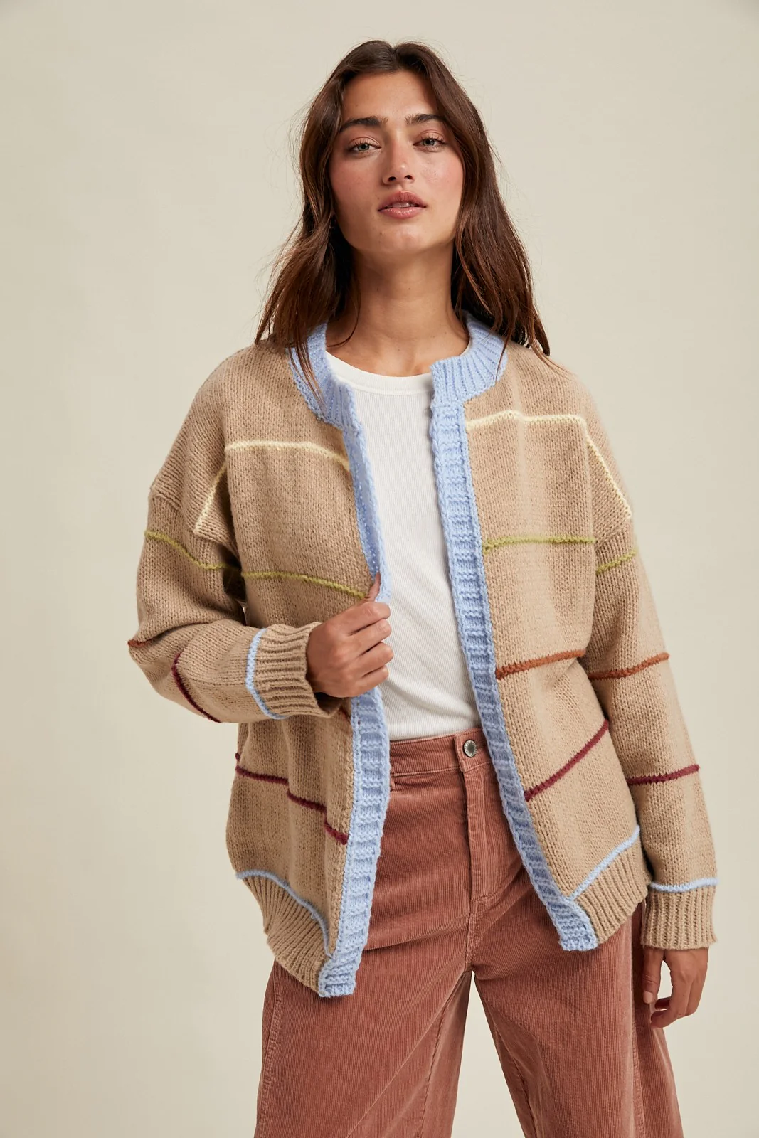 Beige Multicolor Stripe Chunky Knit Maternity Cardigan - Image 5