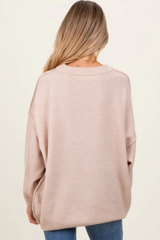 Beige Oversized Crewneck Melange Knit Maternity Sweater - Image 3