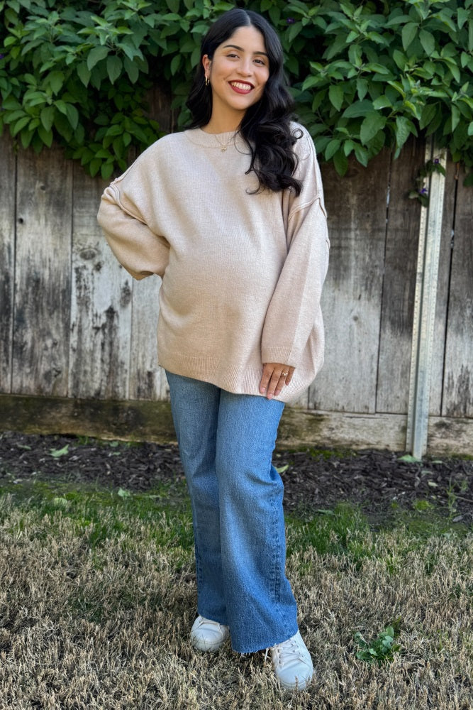 Beige Oversized Crewneck Melange Knit Maternity Sweater - Image 5