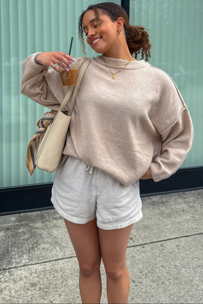 Beige Oversized Crewneck Melange Knit Sweater - Image 5
