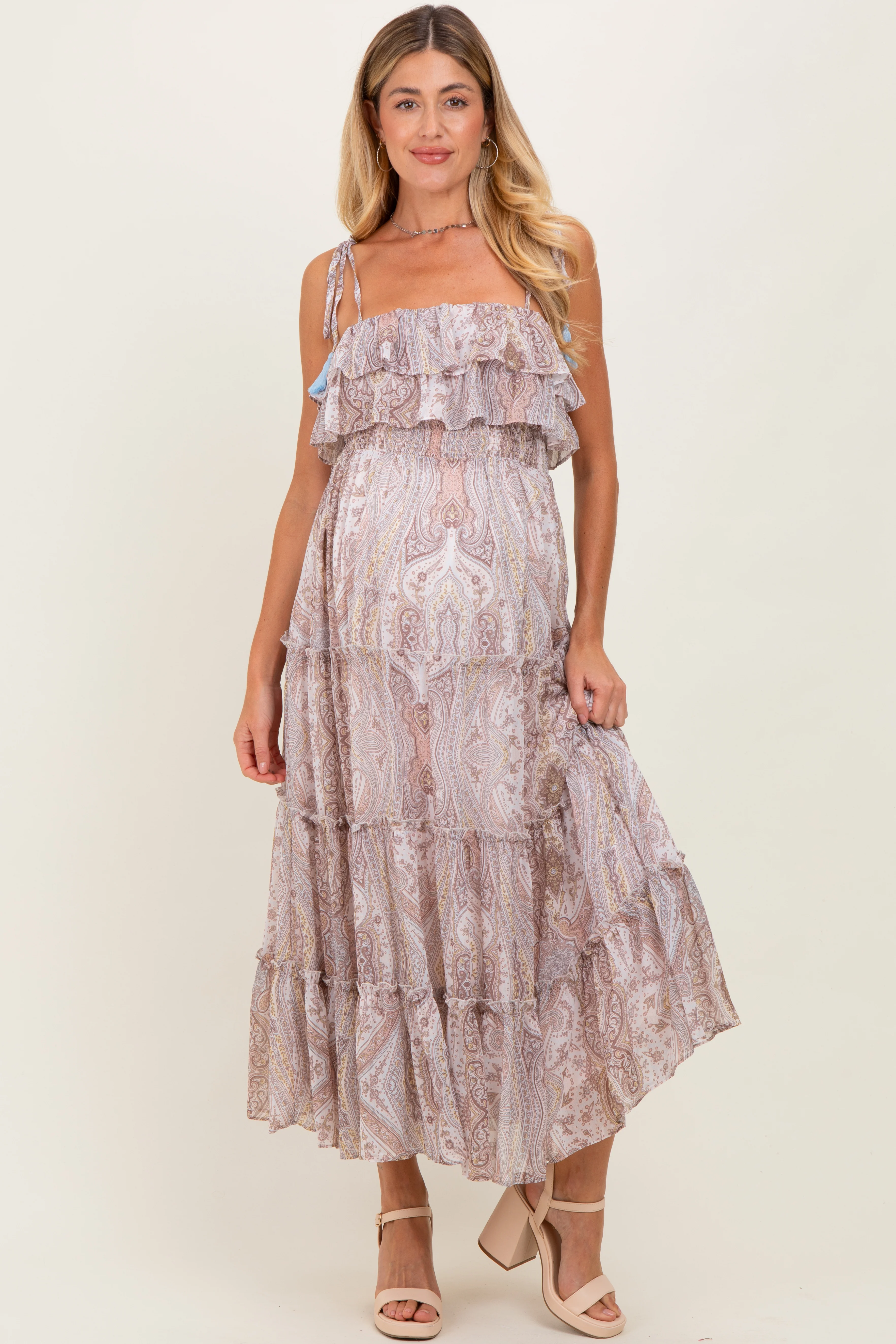 Beige Paisley Ruffle Tiered Shoulder Tie Maternity Maxi Dress - Image 2