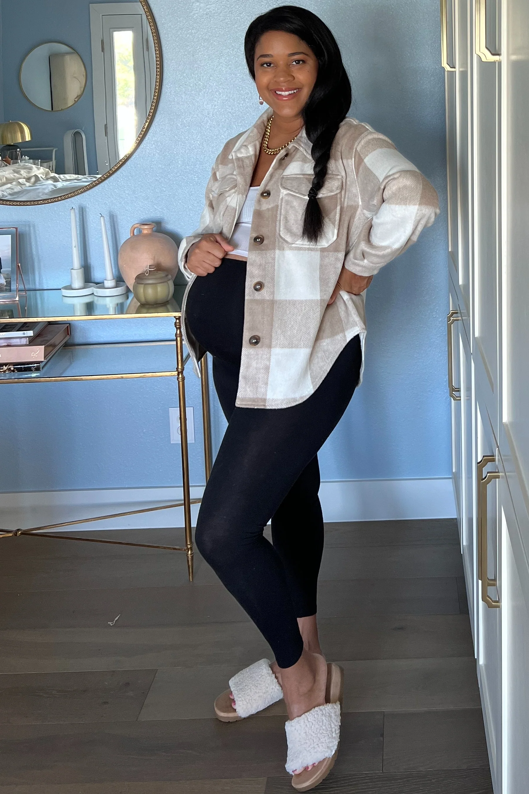 Beige Plaid Knit Maternity Shirt Jacket - Image 10