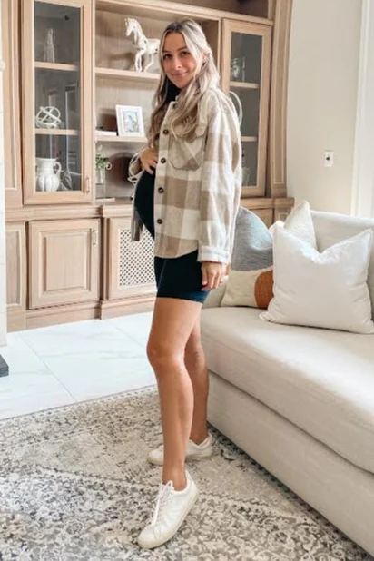 Beige Plaid Knit Maternity Shirt Jacket - Image 23